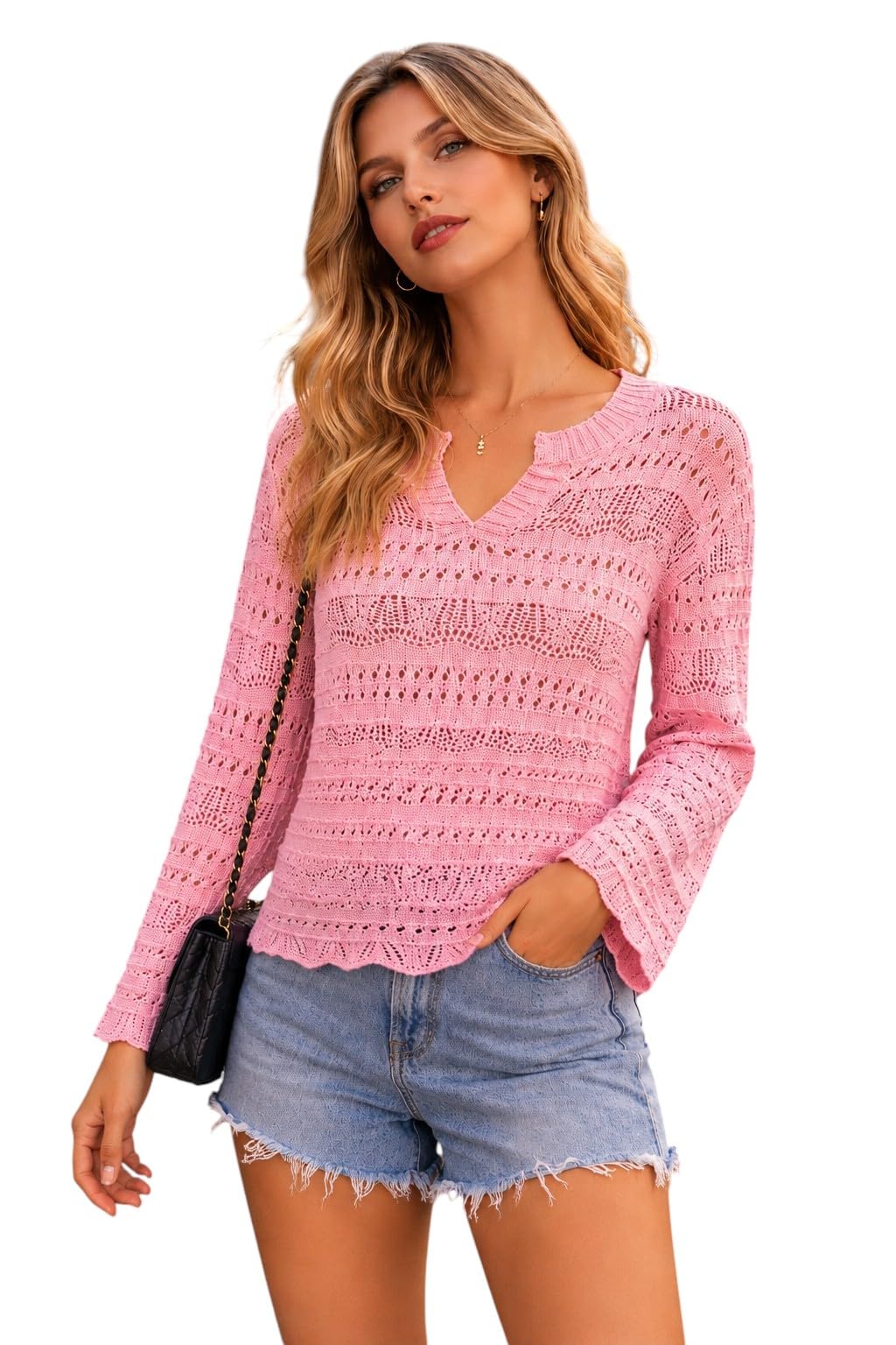 CRAMPLE®Women's Crochet Crop Top, Long Sleeve, V-Neck, Scalloped Hem, Lightweight Knit Top-picture-14