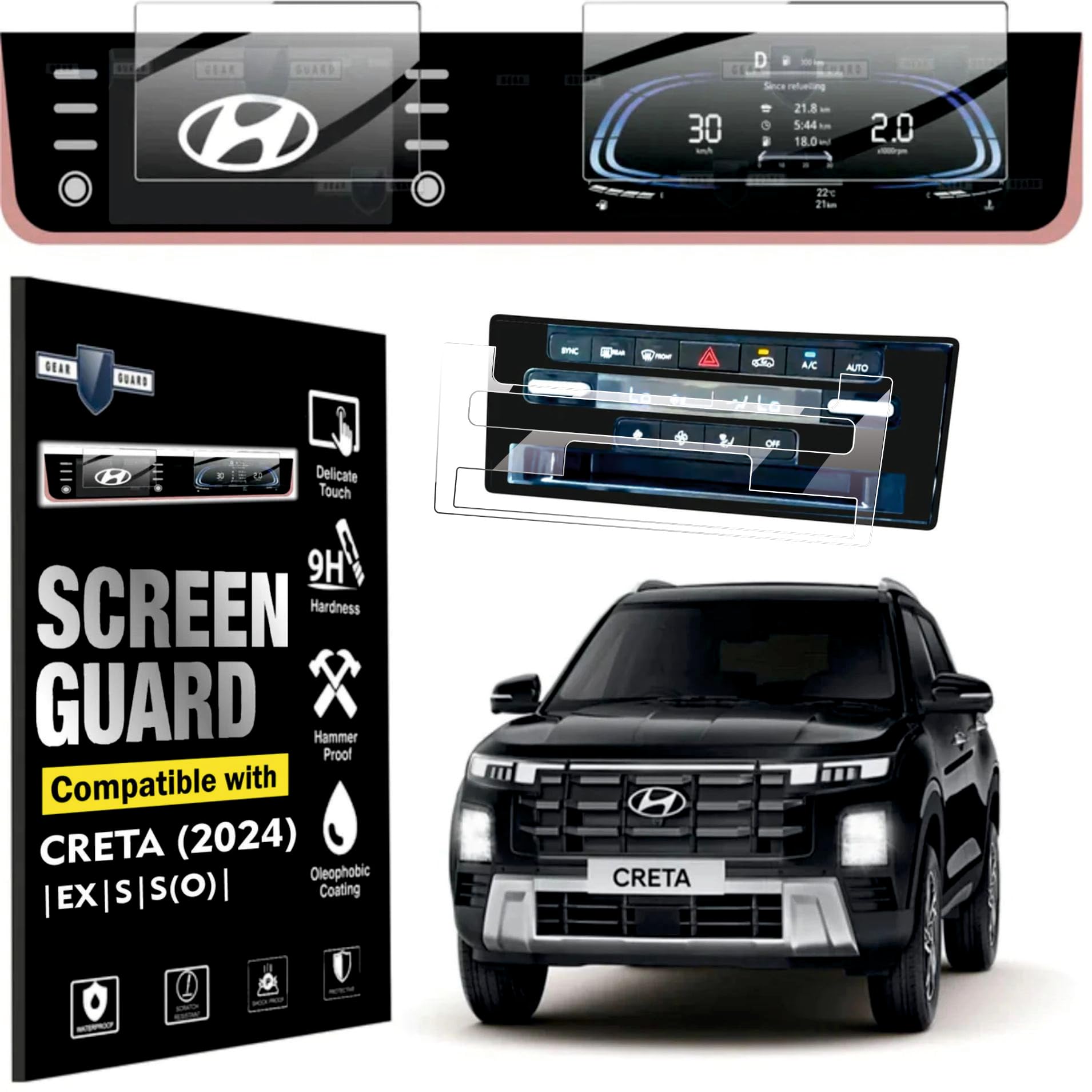 GEAR GUARD - GIVE LIFE TO YOUR DEVICE Film Gear Guard Full Screen Protector For Hyundai 2024 Creta Facelift EX,X,S(O)Car Accessories 8"Inch Infotainment System & 10.25"Inch MID With AC Vent-Clear
