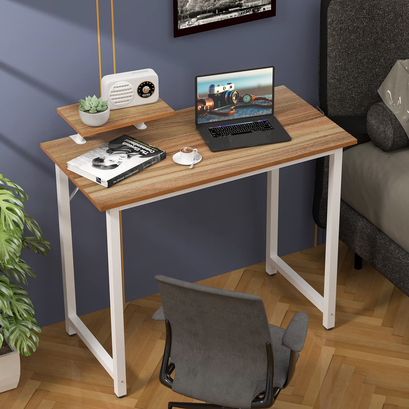 Scrivania per Computer, Tavolo Ufficio con Supporto per Ufficio, Scrivania Tavolo da Studio, Scrivania da Ufficio, Studio Camera da Letto, Struttura Metallica, 80 x 40 x 75 cm (Marrone)