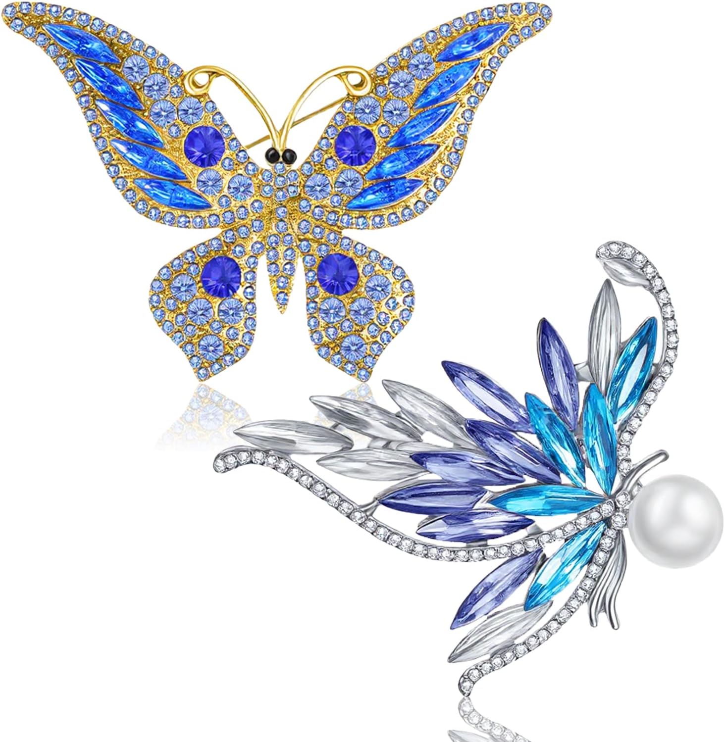 2PCS Rhinestone Pearl Butterfly Brooch, Blue Rhinestone Butterfly Lapel Pins, Sparkling Metal Butterflies Brooch Pin for Weddings, Christmas, Birthdays, Parties, and Everyday Wear, Gift for Women