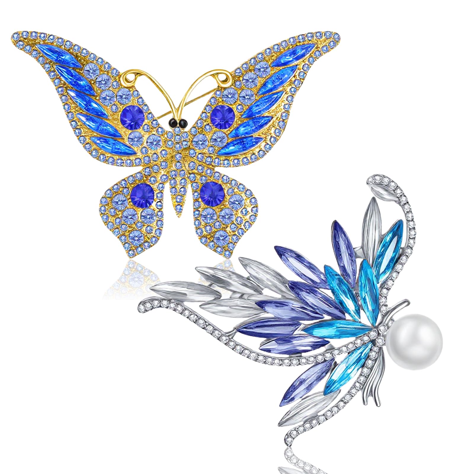 2PCS Rhinestone Pearl Butterfly Brooch, Blue Rhinestone Butterfly Lapel Pins, Sparkling Metal Butterflies Brooch Pin for Weddings, Christmas, Birthdays, Parties, and Everyday Wear, Gift for Women