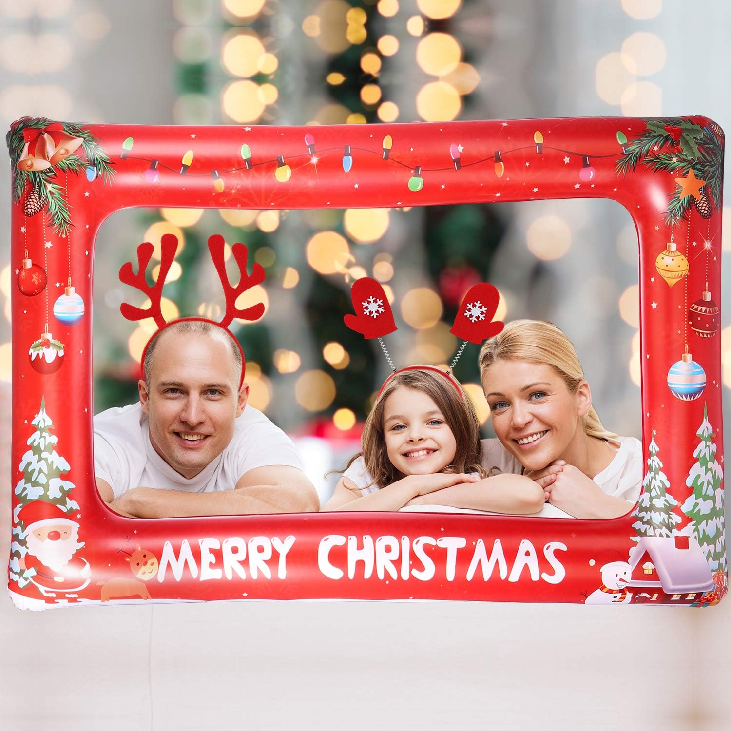 Auihiay Large Size Inflatable Christmas Photo Booth Frame with 2 Christmas Headband for Christmas New Year Party(33.8 x 22 Inch)