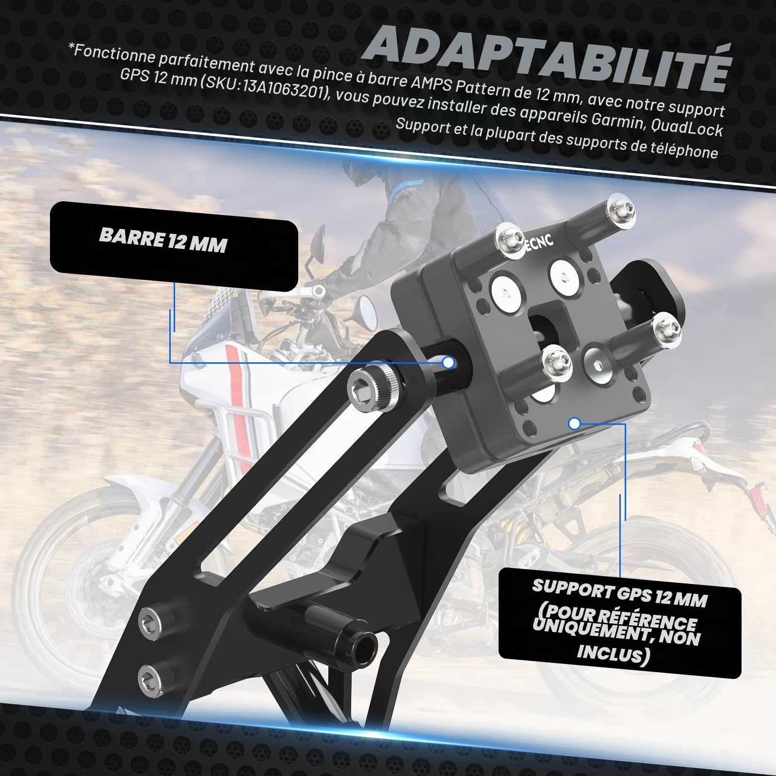 NICECNC Support de téléphone GPS Compatible with Ducati DesertX 2024, DesertX Rally, usiné CNC, Surface anodisée, 40 mm de débattement Vertical réglable