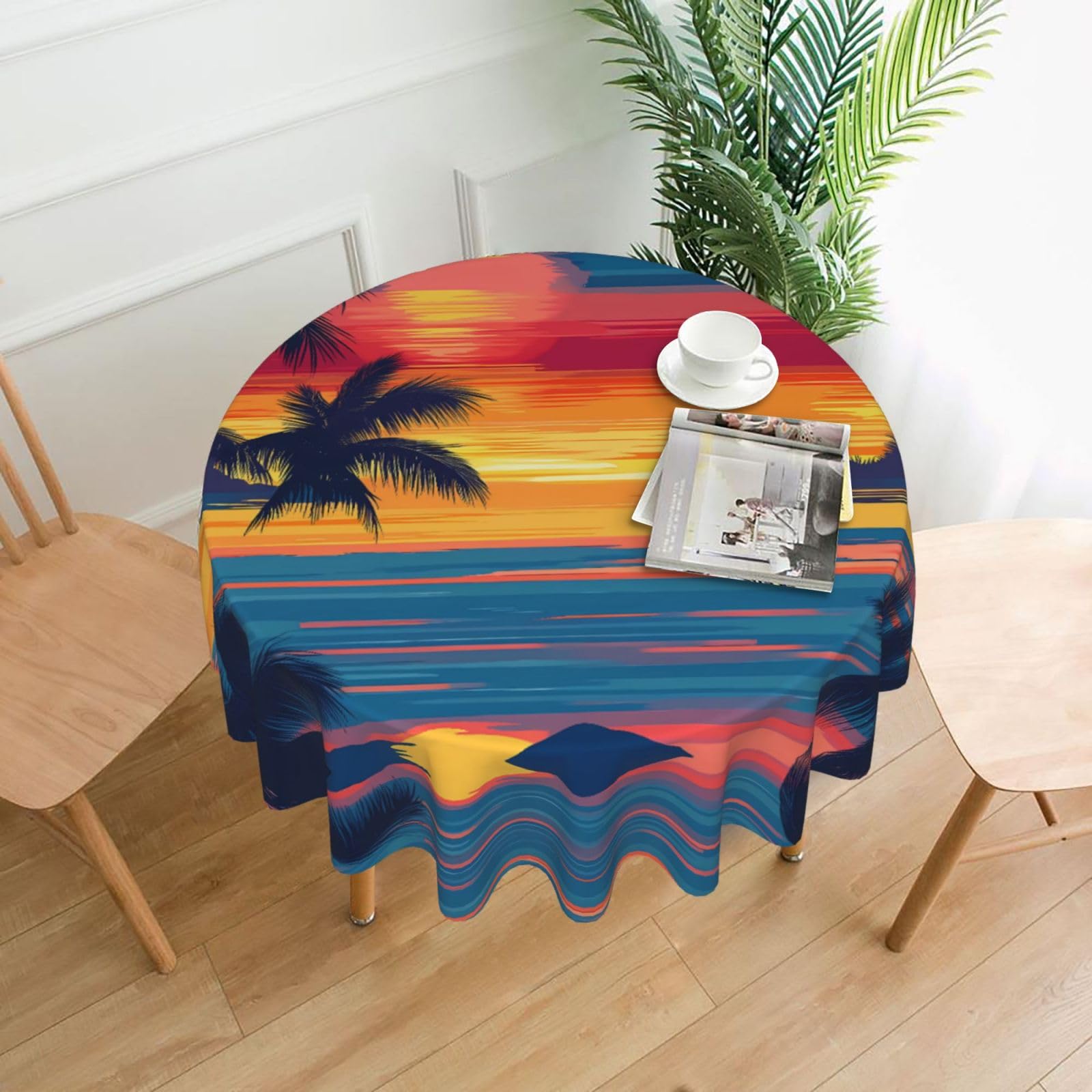 HLBSDM Coconut Trees at Sunset Printed Practical Round Tablecloth, Durable, Suitable for Home, Restaurant, Hotel, Gathering, and Decorative Table Covers