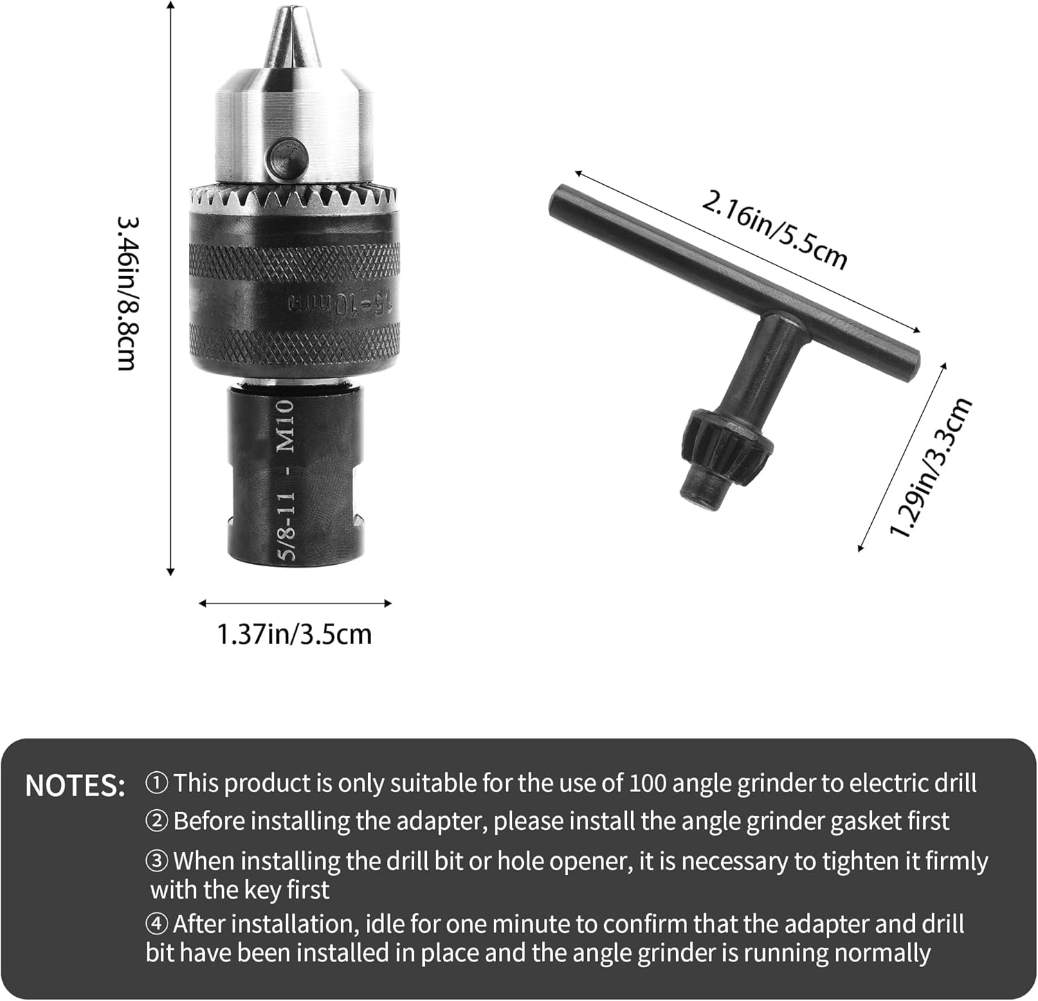 5/8-11 Angle Grinder Drill Chuck Adapter, 1/16"-3/8" Metal Drill Chuck, Quick Change Converter, Heavy Duty Stable, for Wood Metal Drilling DIY Grinding Tool