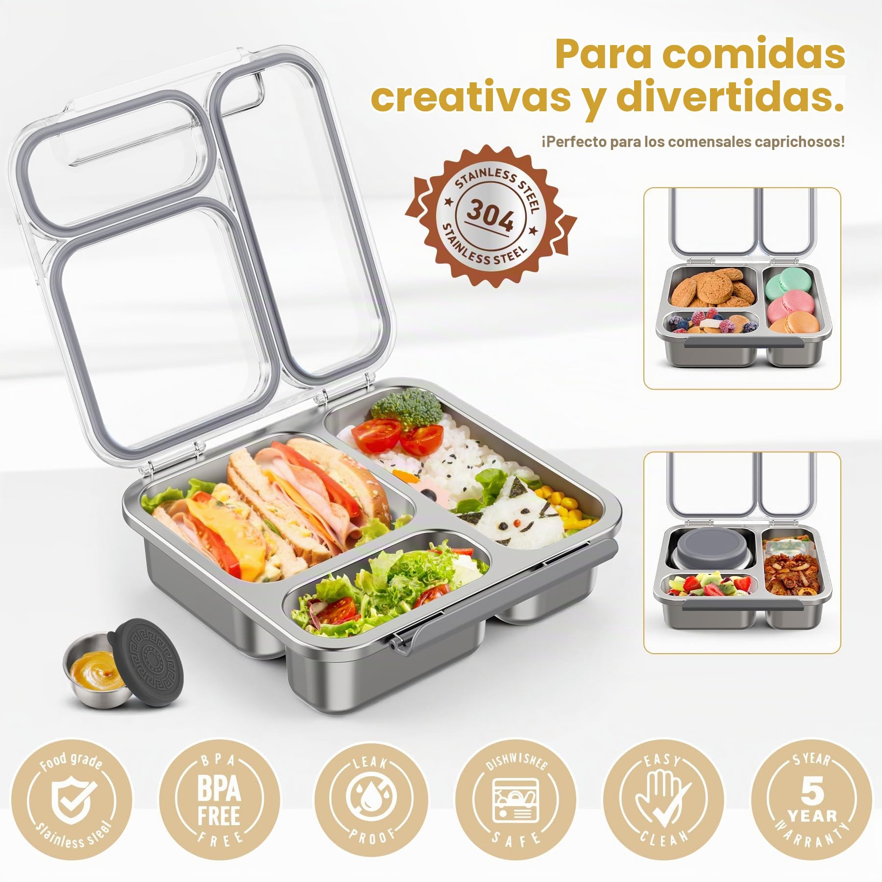 Fiambrera de Acero Inoxidable Adulto Niño con 200ml Termo para Comida, Bento Box para Niños con 3 Compartimentos y Recipiente para Salsas, Lunch Box para Oficina, Colegio y Picnic, sin BPA, Gris