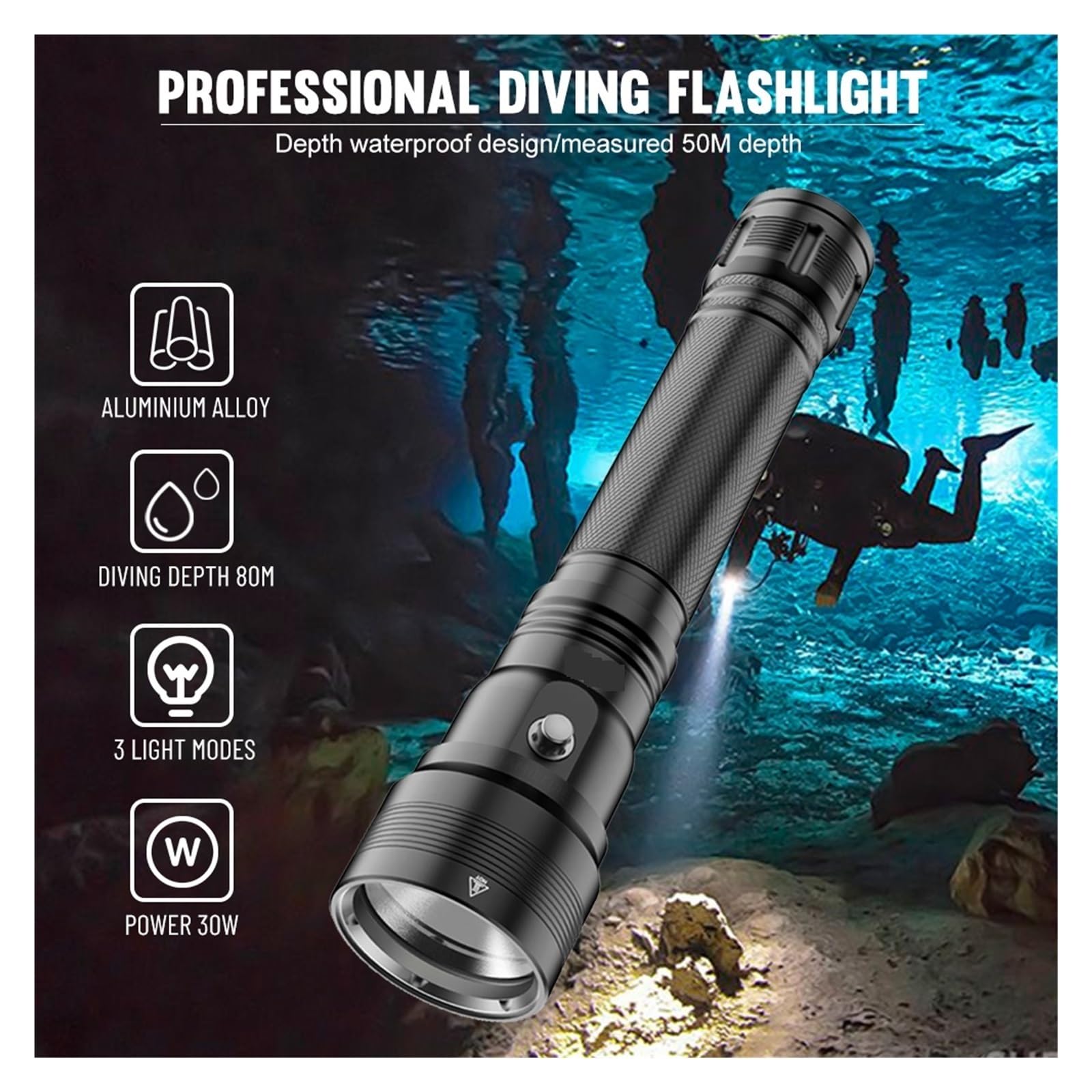 Latarka do nurkowania, DV56 80M Podwodna Latarka Do Nurkowania XHP70 LED Light Przełącznik Magnetyczny IPX8 Wodoodporna Latarnia 30W Lampa Zasilająca do sportów podwodnych(No battery)