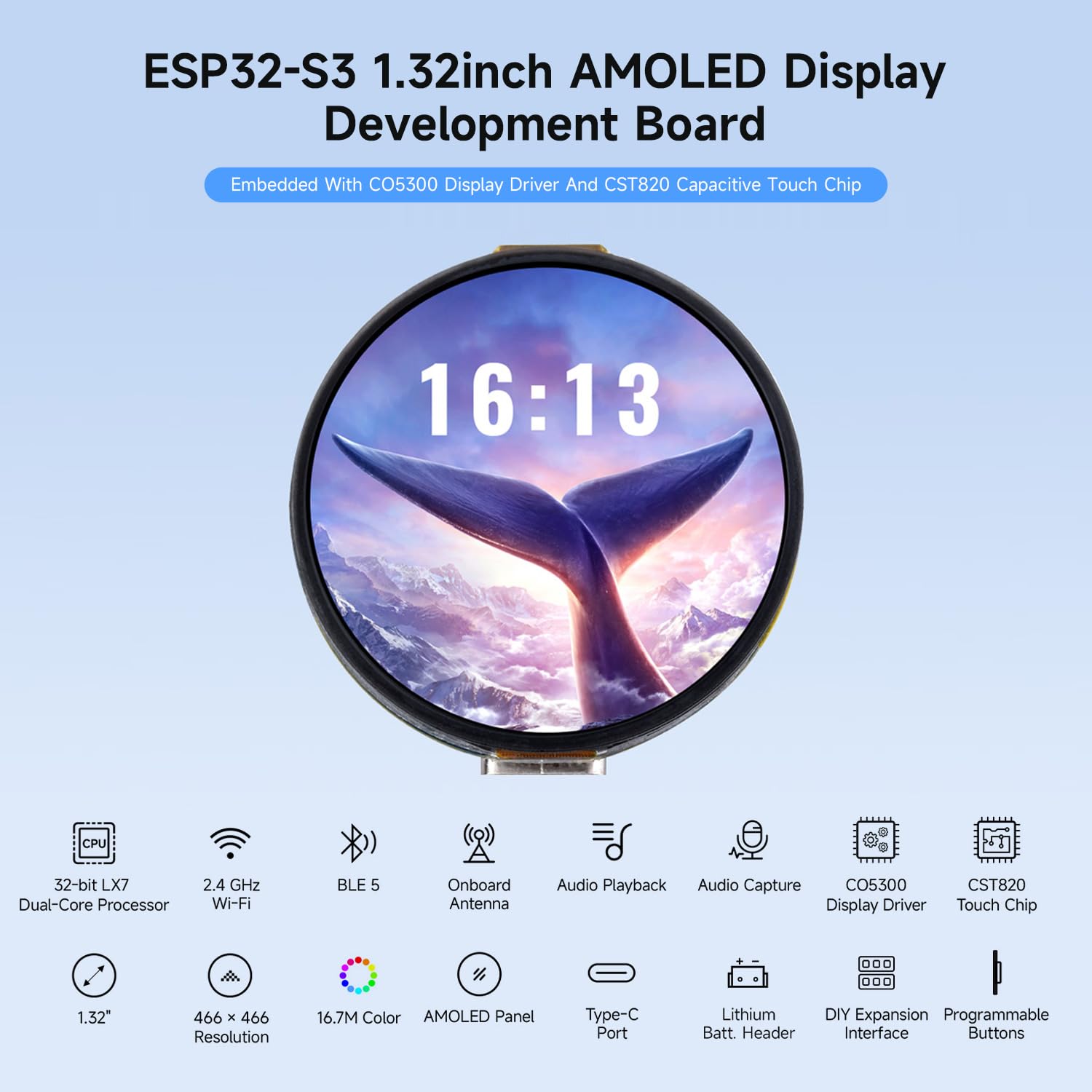 Waveshare ESP32-S3 1.32inch AMOLED Round Touch Display Development Board, 466x466 Pixels, QSPI Interface, Supports Wi-Fi and BT 5