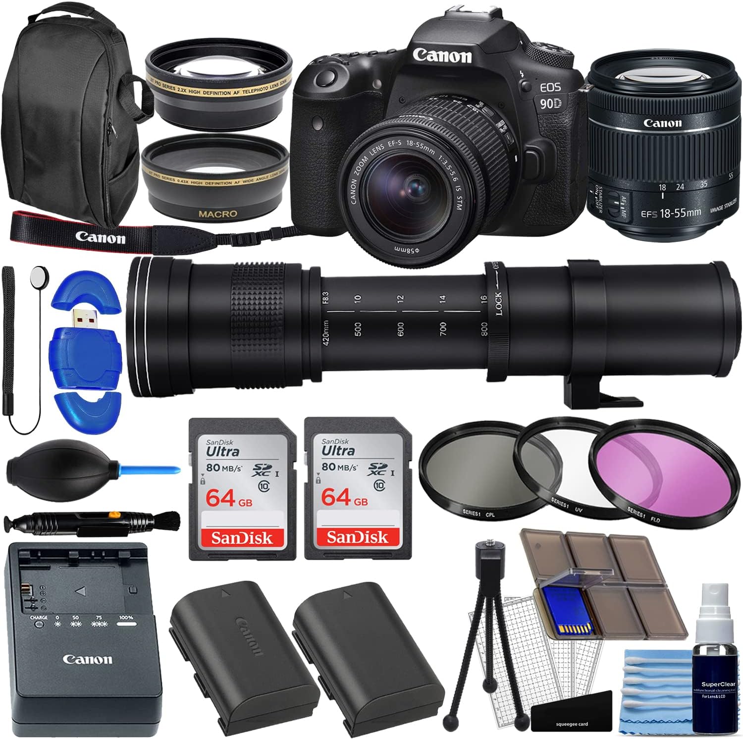 Cámara Canon EOS 90D DSLR con lente EF-S 18-55mm y accesorios miniatura 1