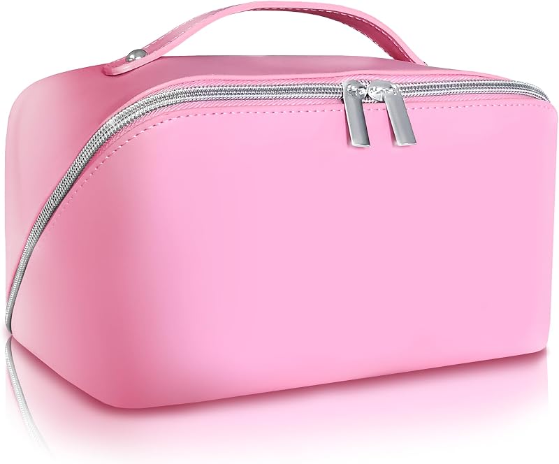 Necessaire de maquiagem Skyvora rosa em couro vegano com divisórias e zíper
