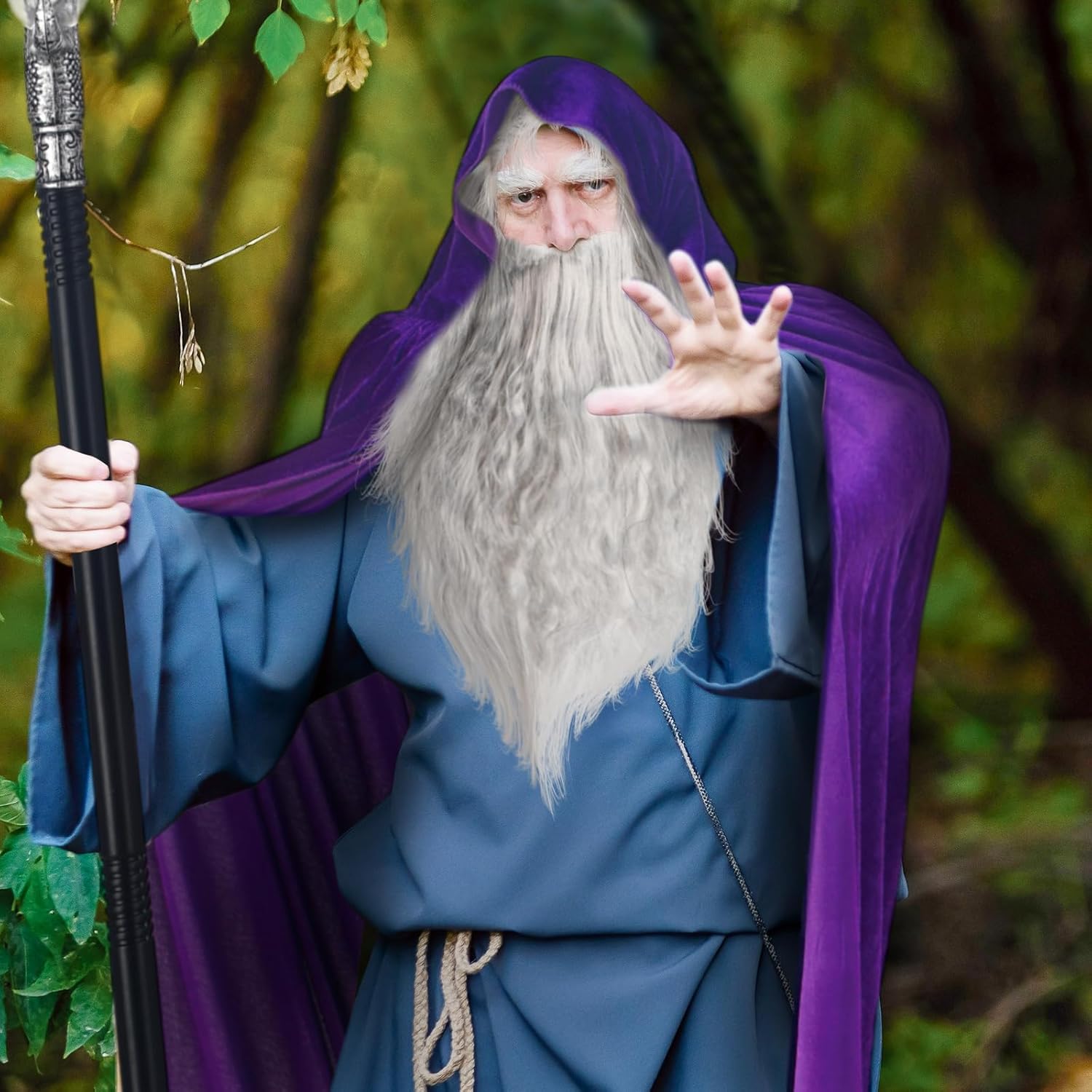 Hicarer 4 Pcs Halloween Wizard Costume Set Include Wizard Hat Cloak Wig Beard Wand Costume Accessories for Adults - Image 5