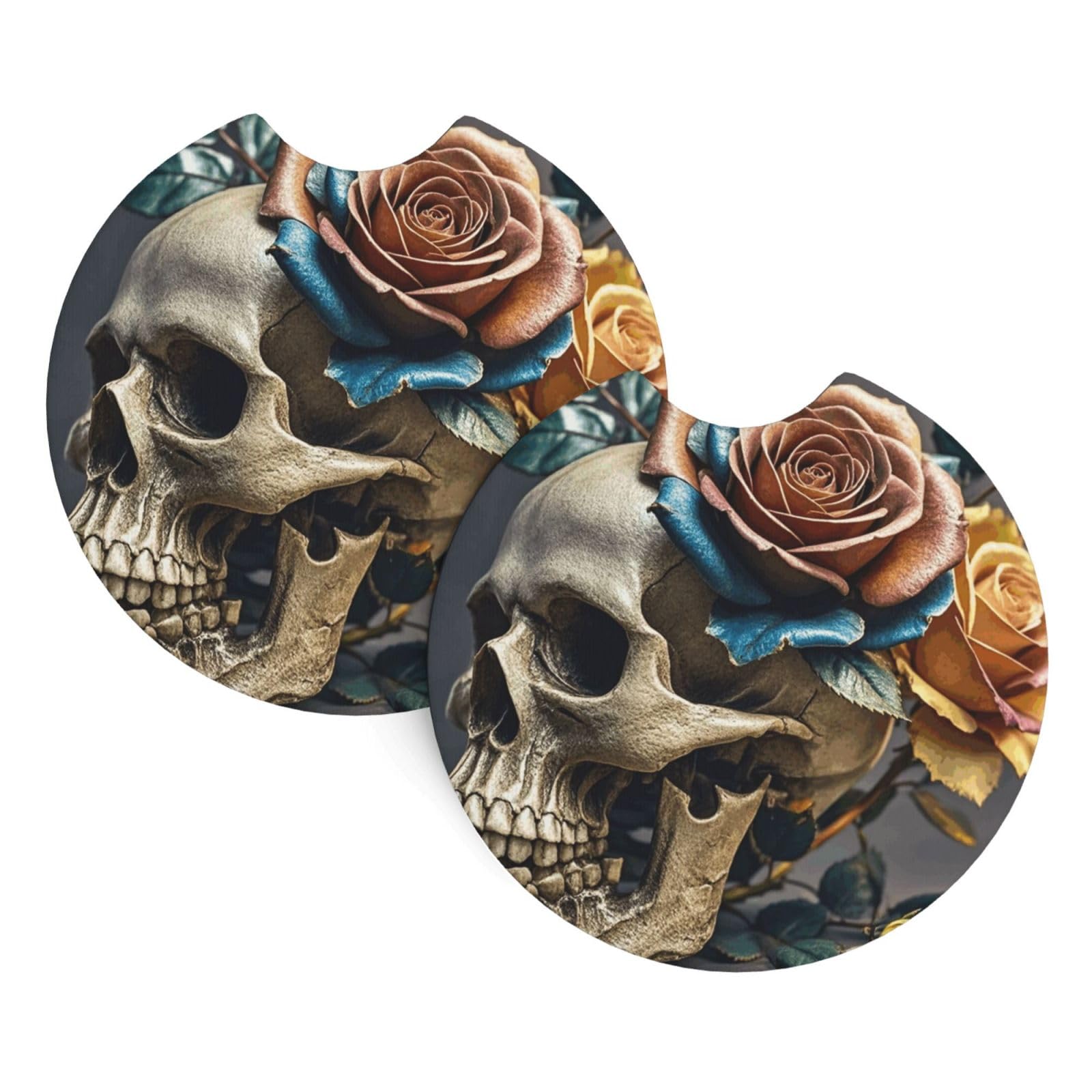 2 Pack Car Coaster for Cup Holders Leather Rose Skull Car Cup Coaster 2.7" Neoprene Non-Slip Automotive Cup Mat Universal Auto Car Interior Accessories for Women Men Cup Pad