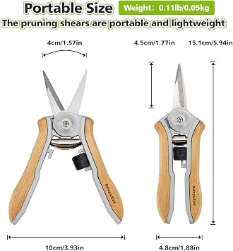 Berry&Bird Wooden Handle Floral Shears, Pointed Blade Gardening Hand Secateurs, Stainless Steel Precision Pruning Clippers, Small Garden Pruners, Bonsai Snips, Herb Trimming Scissors
