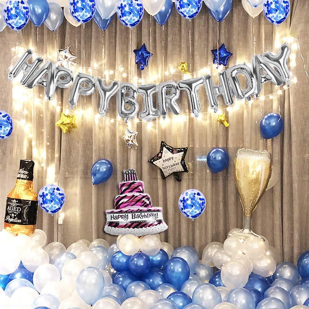 Amazon Com Blue Silver Happy Birthday Decorations Set With Happy Birthday Balloons Banner Star Foil Balloons Heart Foil Balloons Latex Balloons Confetti Balloons For Baby Boy Shark Birthday Party Supplies Toys