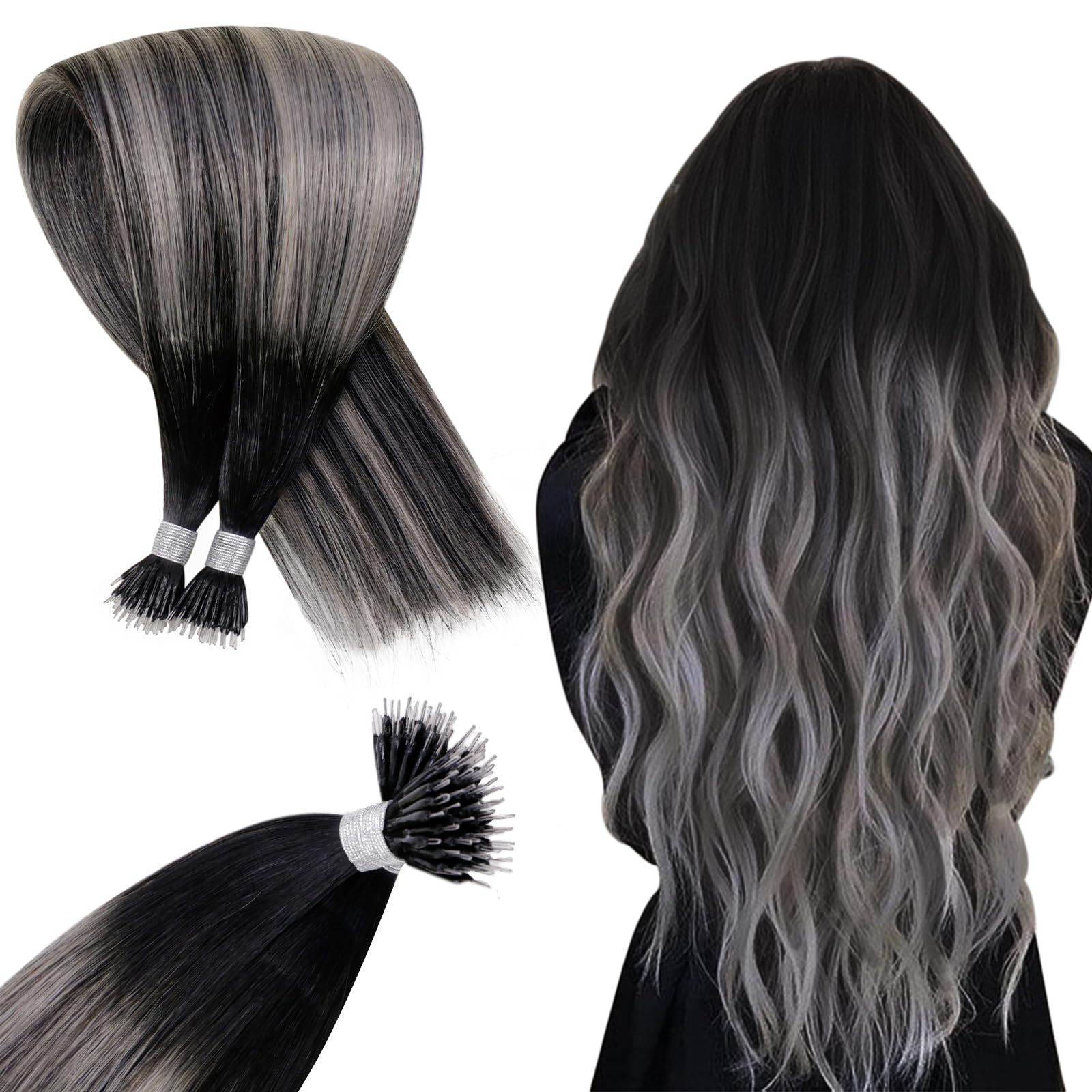 Hetto Nano Hair Extensions Real Human Hair Black Ombre Silver 18 Inch, Invisible Nano Beads Hair Extension
