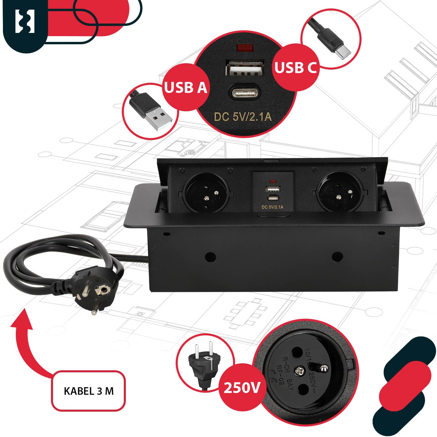 KOTARBAU® Presa a scomparsa con 2 prese 230 V + USB A+C