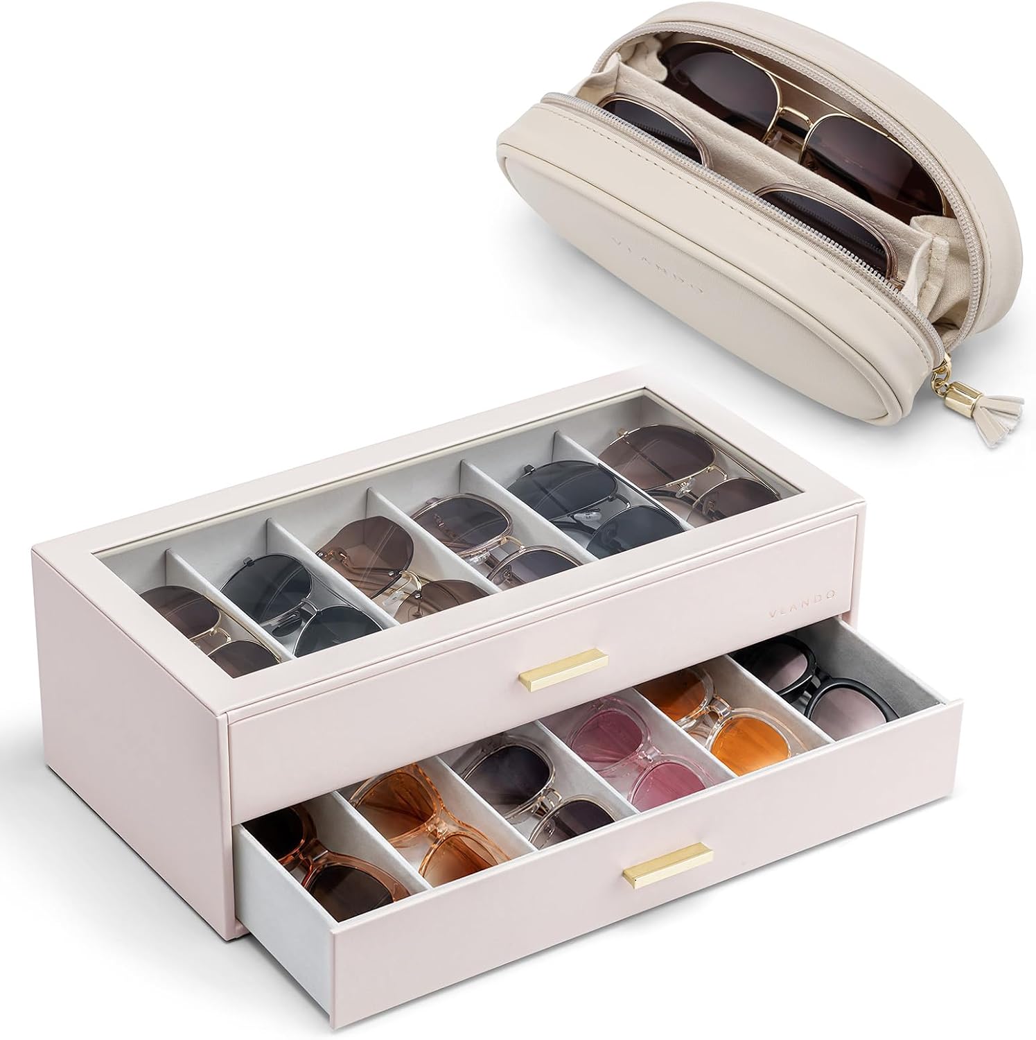 VLANDO Sunglasses Organizer Bundle, 12-Slot Box & 2-Pair Travel Pouch