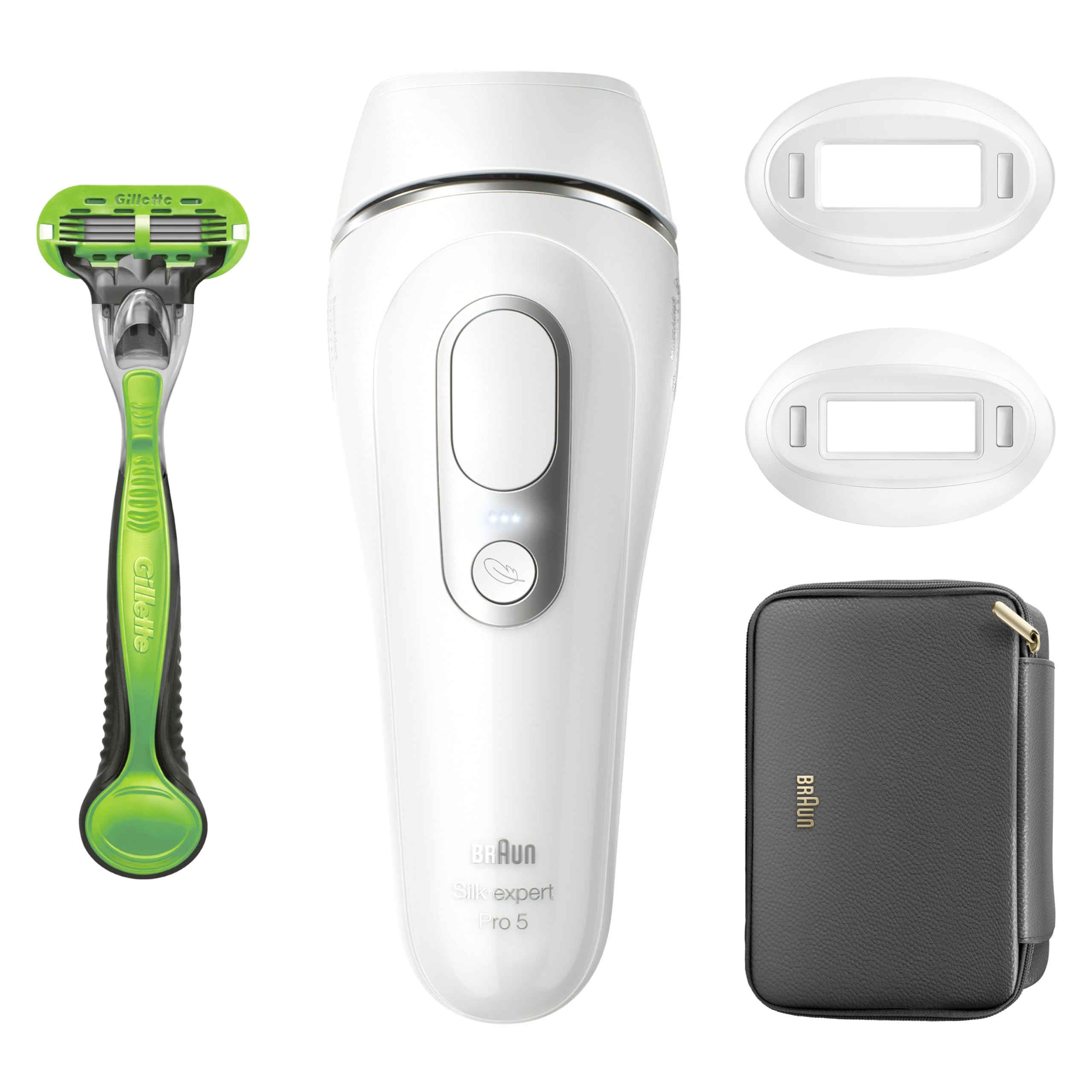 Braun Silk·expert Pro 5 Epilatore LUCE PULSATA, Epilazione A Casa, Alternativa All’Epilazione laser, Con Custodia, Rasoio Uomo Gillette, 2 Testine, Idea Regalo, Bianco/Oro, PL5145