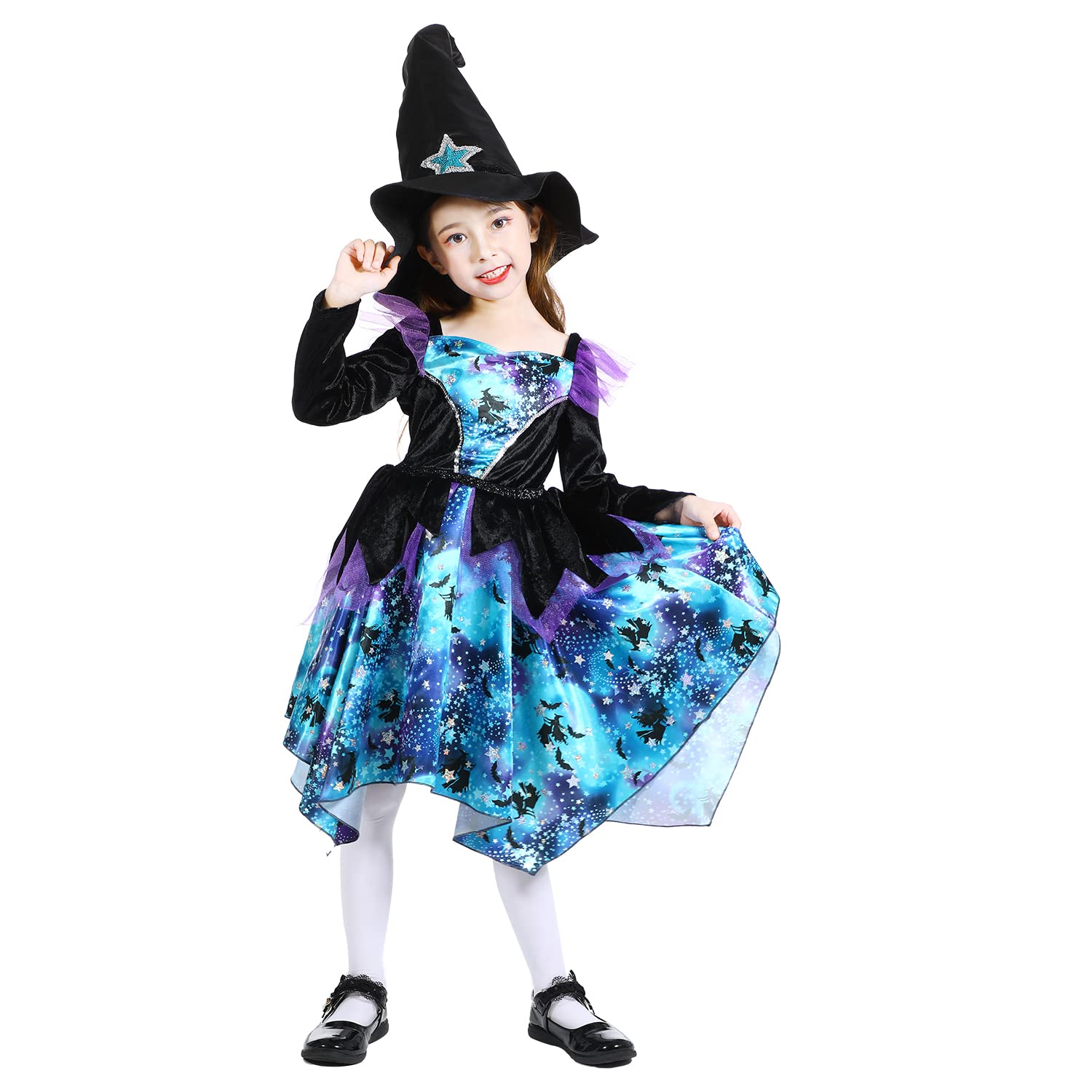 Sincere Party Ragazze Halloween Strega Costume, Deluxe Adorabile Neon Colorato Strega Travestimento con Cappello