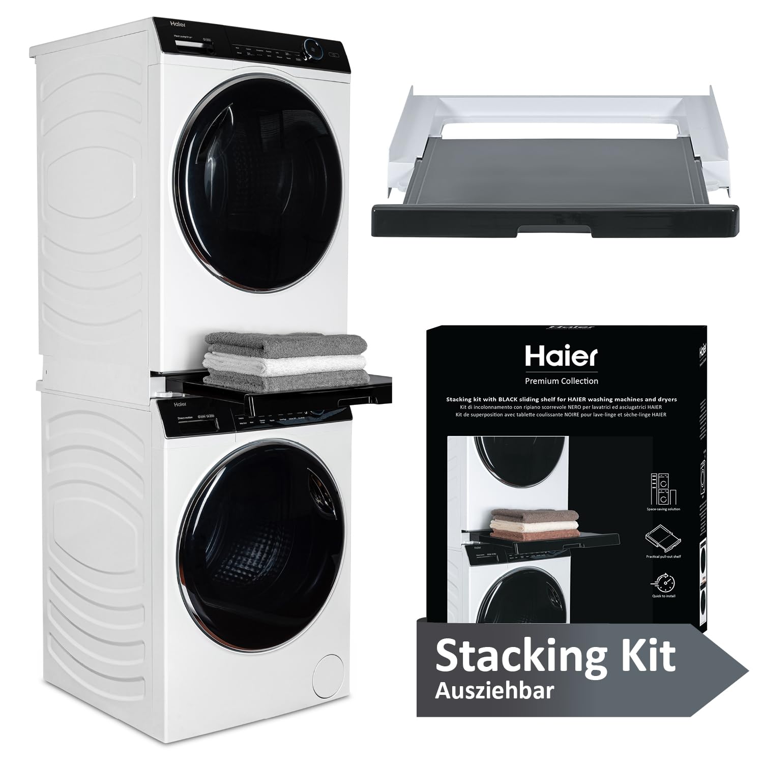 Haier Zwischenbaurahmen für Trockner & Waschmaschine I Universaler Verbindungsrahmen in Weiß mit schwarzem Ausziehboden I Für Haier Waschmaschine Serie 3, 5, 7 & Trockner Serie 5, 7 I Zwischenbausatz