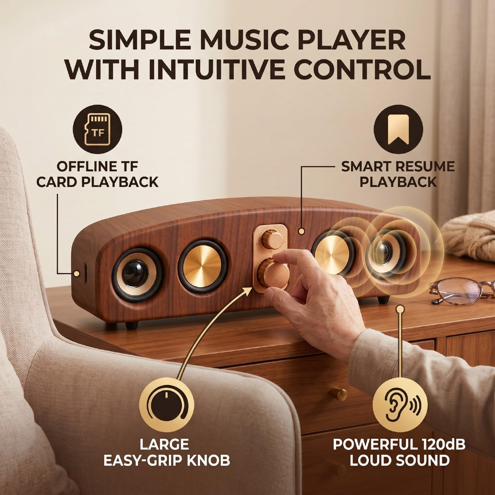 Asixxsix Altoparlante Bluetooth retrò, Finitura in Legno | Suono Forte da 120 DB, Riproduzione Intelligente, Batteria Ricaricabile da 2400 MAh, Supporto Scheda TF AUX USB Lettore MP3