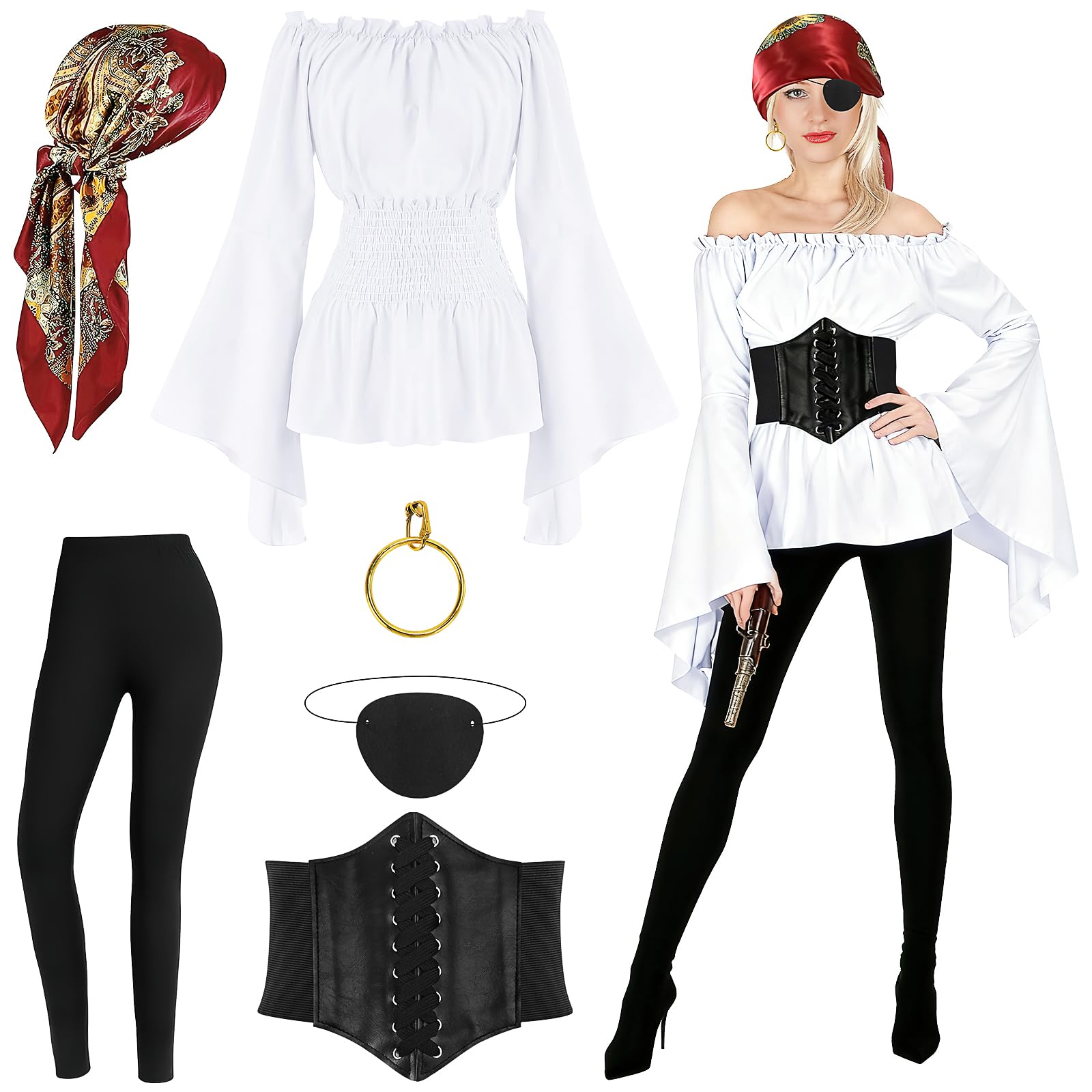 Pirate Costume For Women With Accessories Renaissance Blouse Top Belt Headscarf Full Outfits Halloween Costume Carnival Fancy Dress for Adults Women Halloween Ball (White