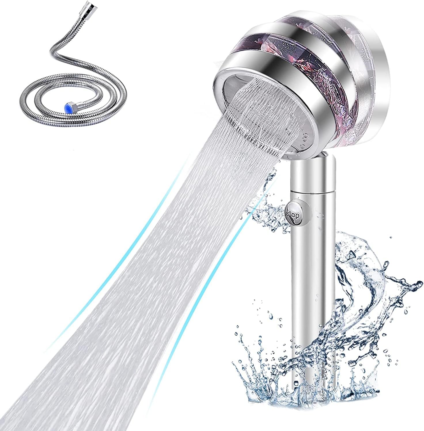 360° Power Shower Head and Hose 1.5M, Water Saving Flow Rotating Turbo