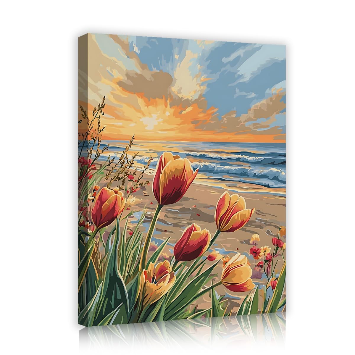 CHERHERART Canvas Wall Art for Bedroom Coastal Sunset Tulips Canvas Wall Decor Seascape Ocean Waves Pictures Prints Beach Floral Poster Artwork 45x60cm Innerframe