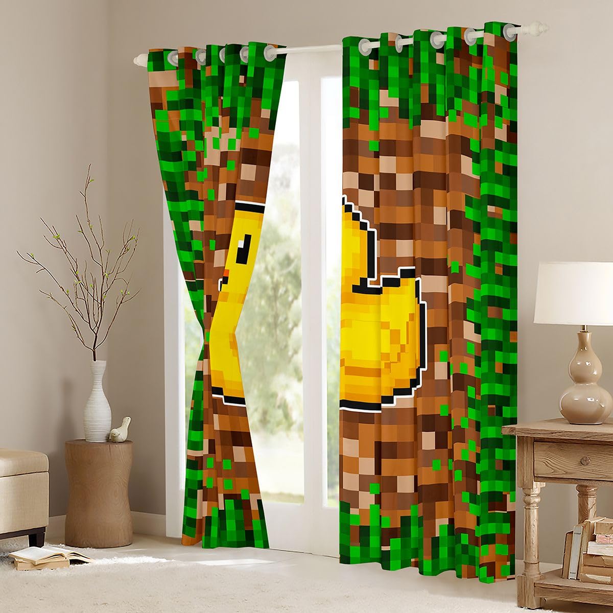 Homewish Zasłony zaciemniające z motywem żółtej kaczki, 132 x 229 cm, zabawny nadruk zwierzęcy, zasłony na przelotkach do salonu, sypialni, szykowna kostka pikseli, abstrakcyjne zaciemnienie, 2 panele