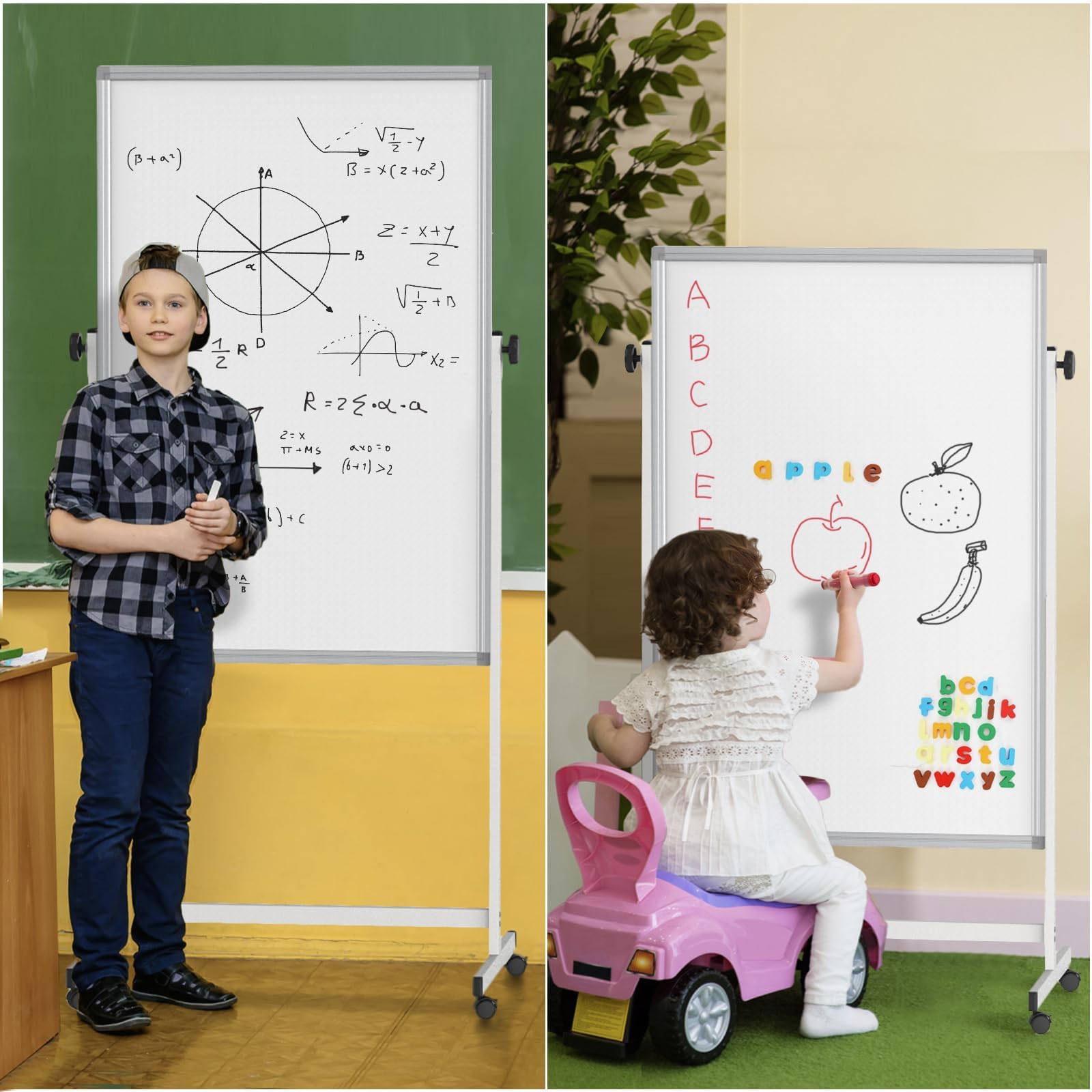 maxtek Lavagna mobile regolabile in altezza, 120 x 80 cm, lavagna magnetica su entrambi i lati con supporto, lavagnetta a secco, per ufficio, classe e casa