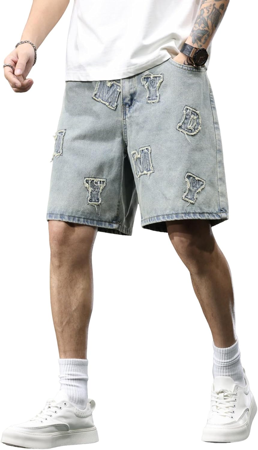 DFGIGT Mens Womens Jorts Baggy Loose Fit Jean Shorts Wide Leg Denim Shorts Strings Y2k Summer Shorts