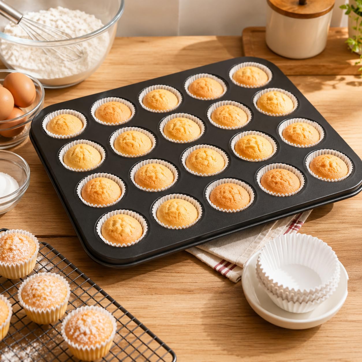 Mini Molde Para Muffins De 24 Tazas Mini Bandeja Para Hornear Antiadherente De Acero Al Carbono Para Magdalenas Con Paquete De 500 Revestimientos Blancos Para Magdalenas Desechables