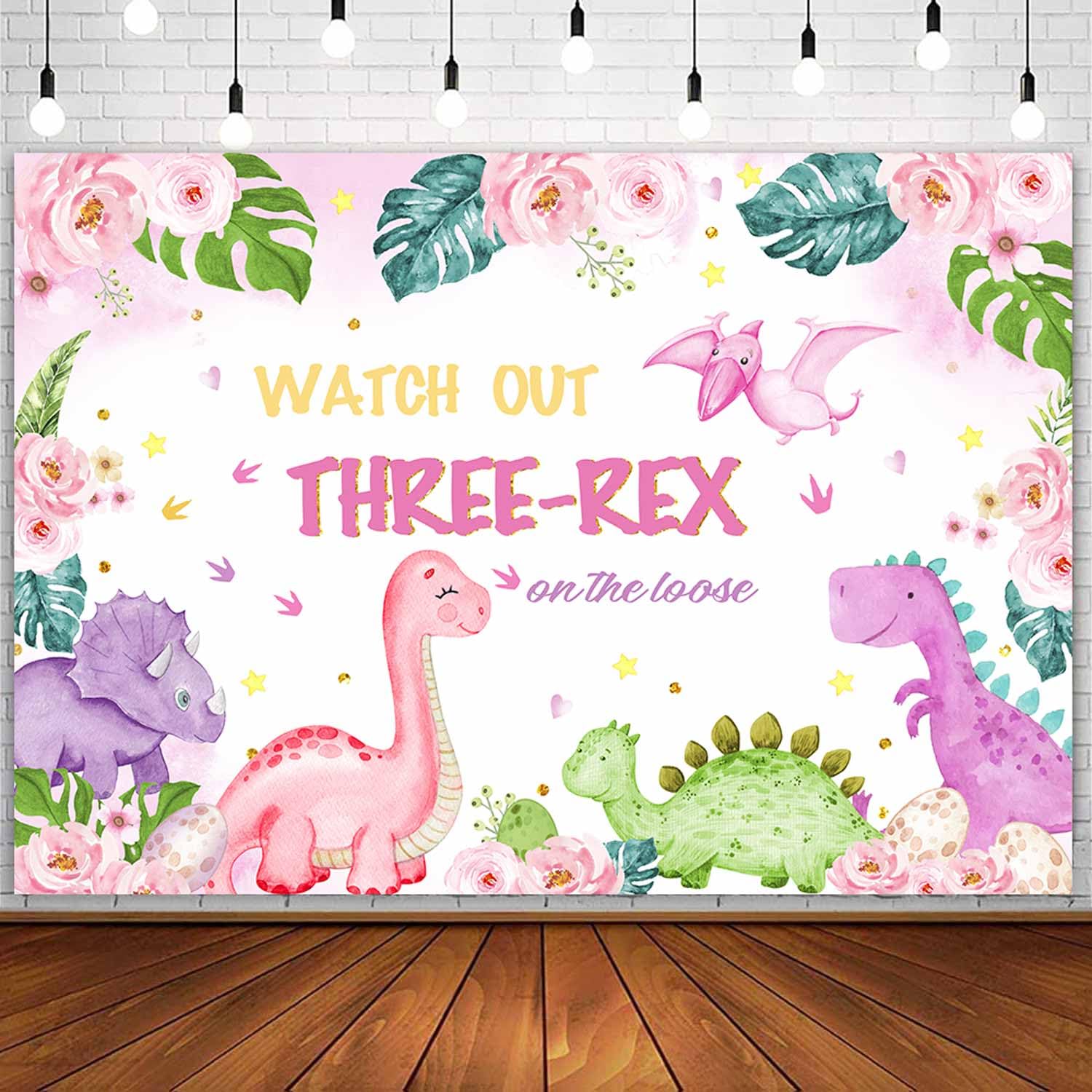Sensfun Dinosaur 3rd Birthday Backdrop for Girls Three-Rex on The Loose Photography Background Palm Leaves Pink Floral Jungle Dinosaur 3rd Birthday