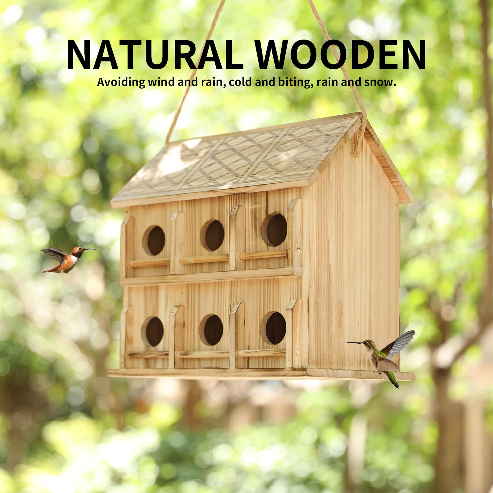 Casas para pájaros para exteriores, 6 agujeros para 6 familias de pájaros, casas de pájaros para exteriores, casa grande de colibríes (madera, juego 1)
