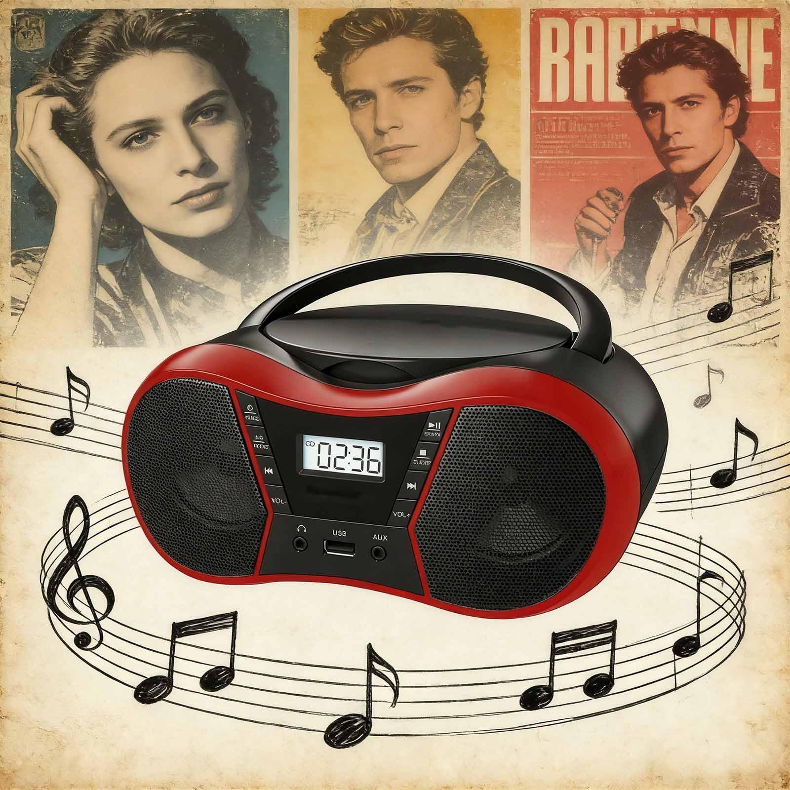 Boombox portatile con lettore CD con display LCD, cuffie, alimentazione a batteria, timer di spegnimento, AUX/USB/FM, connettività migliorata per un facile funzionamento