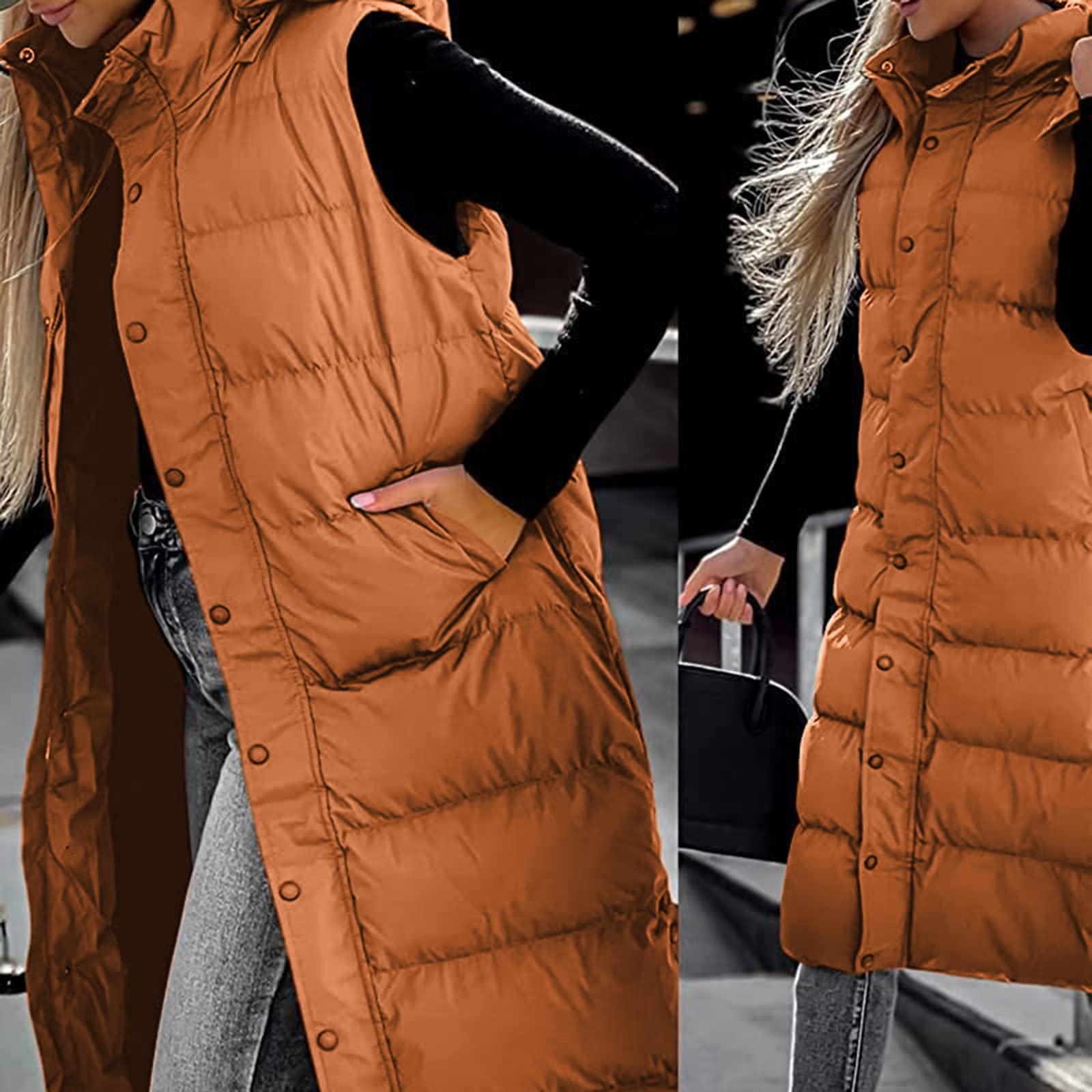 Chaleco largo de plumón para mujer, chaleco acolchado con capucha, chaqueta acolchada sin mangas, chaleco ligero a prueba de viento, chaleco con capucha para mujer, chaleco largo sólido, chaqueta de