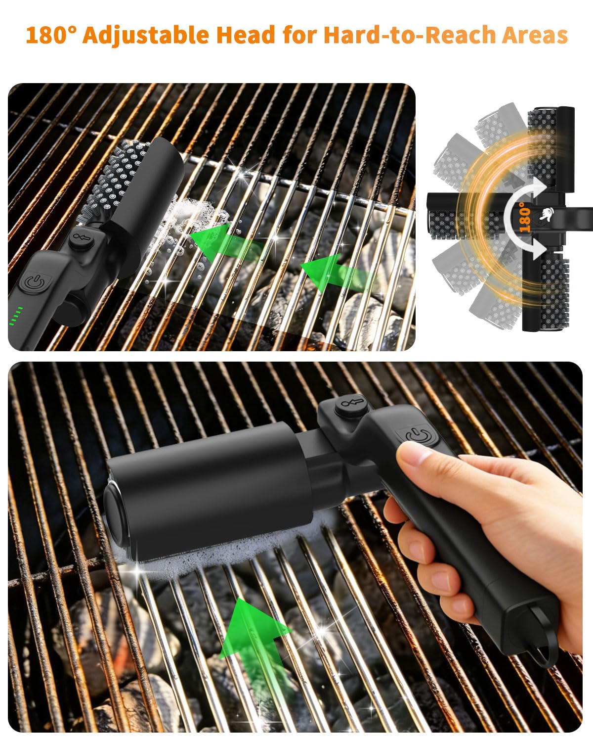 Cepillo eléctrico para parrilla, herramienta giratoria de limpieza de barbacoa de 3 velocidades con cabezal ajustable de 180°, tiempo de funcionamiento de 90 minutos, recargable por USB-C