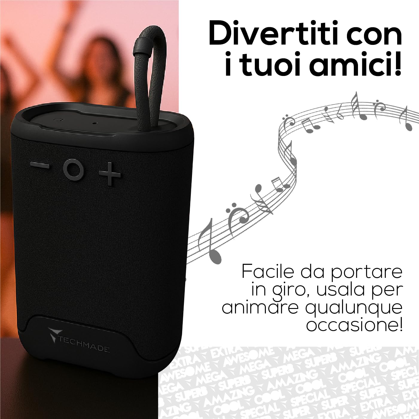 TECHMADE Speaker Bluetooth Portatile, Cassa Altoparlante Wireless con Design Compatto| Distanza operativa 10metri|Connessione senza filo e vivavoce (nero)