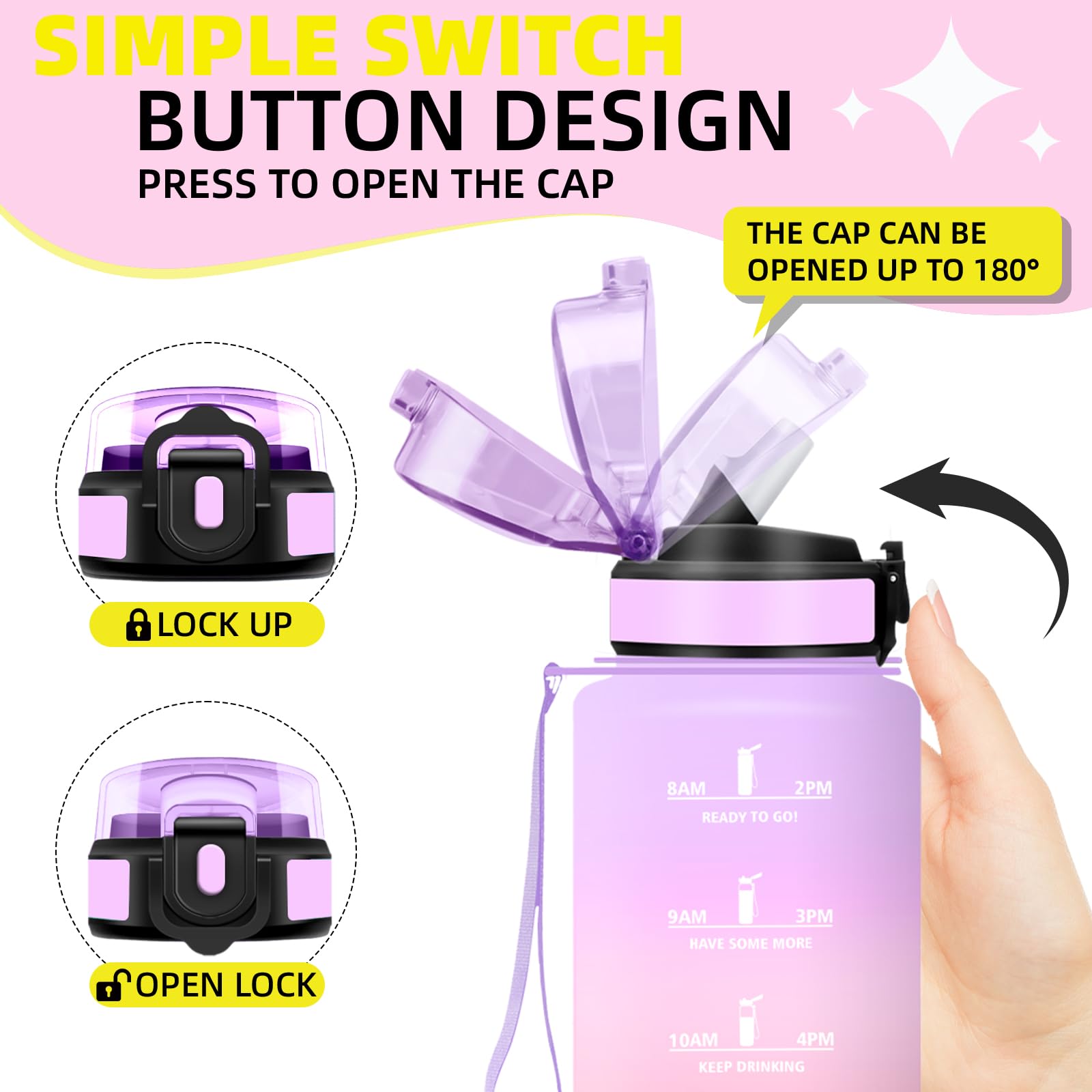 Borraccia 500ml, Borraccia Bambino con Cannuccia, A Prova di Perdite Bottiglia Motivazionale, Facile da Pulire, Borracce con Indicatore del Tempo per Lavoro, Viaggio, Scuolaola, Bambina - 5