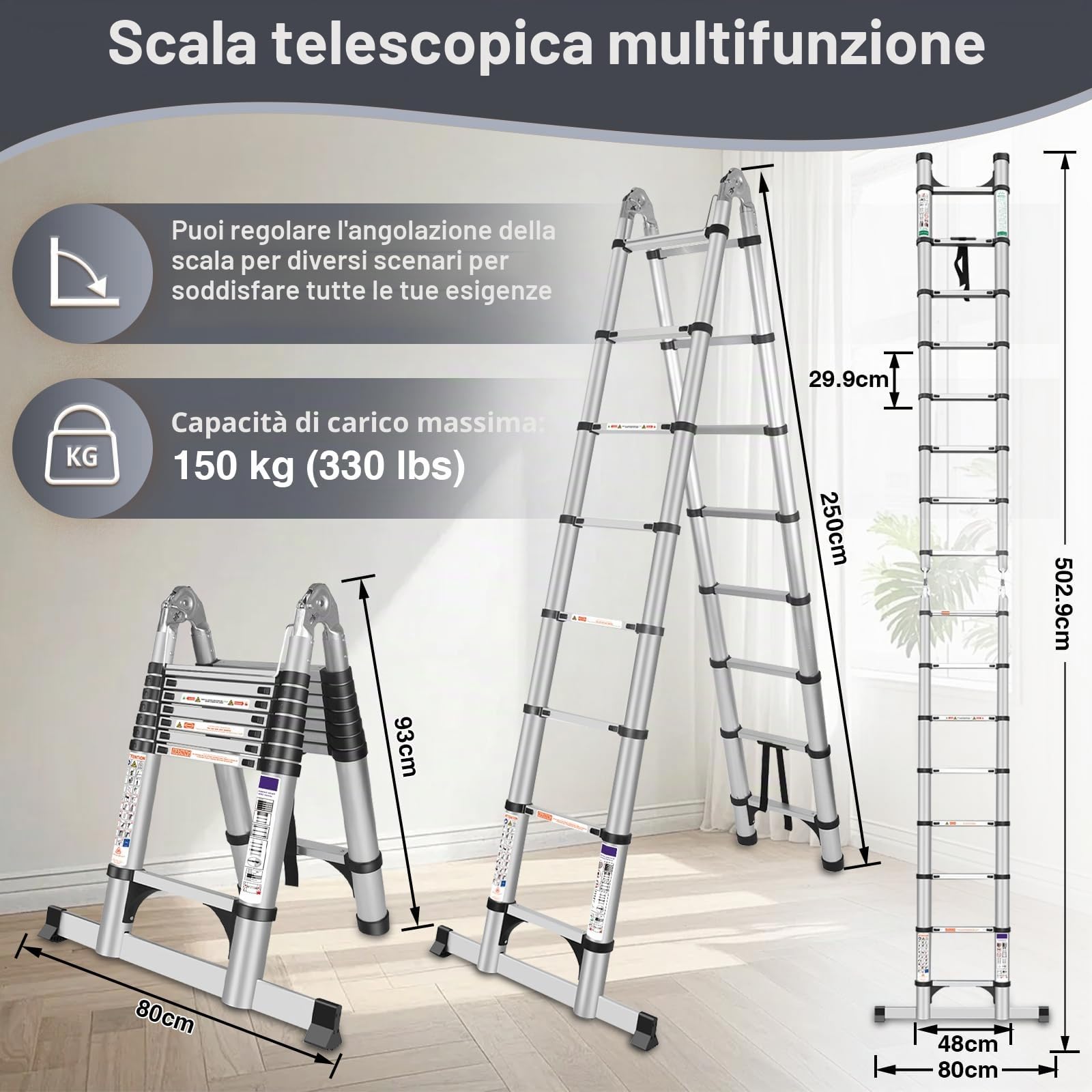 Scala Telescopica Pieghevole Argento 5 Metri | Alluminio, Scala di Alta Qualità con Stabilizzatore, Scala Multiuso e Allungabile, Robusta Portatile, Scala da Appoggio
