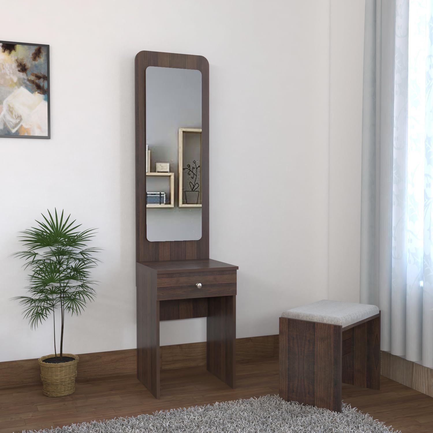 Wooden Dressing Table for Bedroom with 1 Drawer, Mirror and Huge Storage Space with Stool Long Dresser Vanity Table with Mirror (Giant Wood and Frosty Brown)-image-24