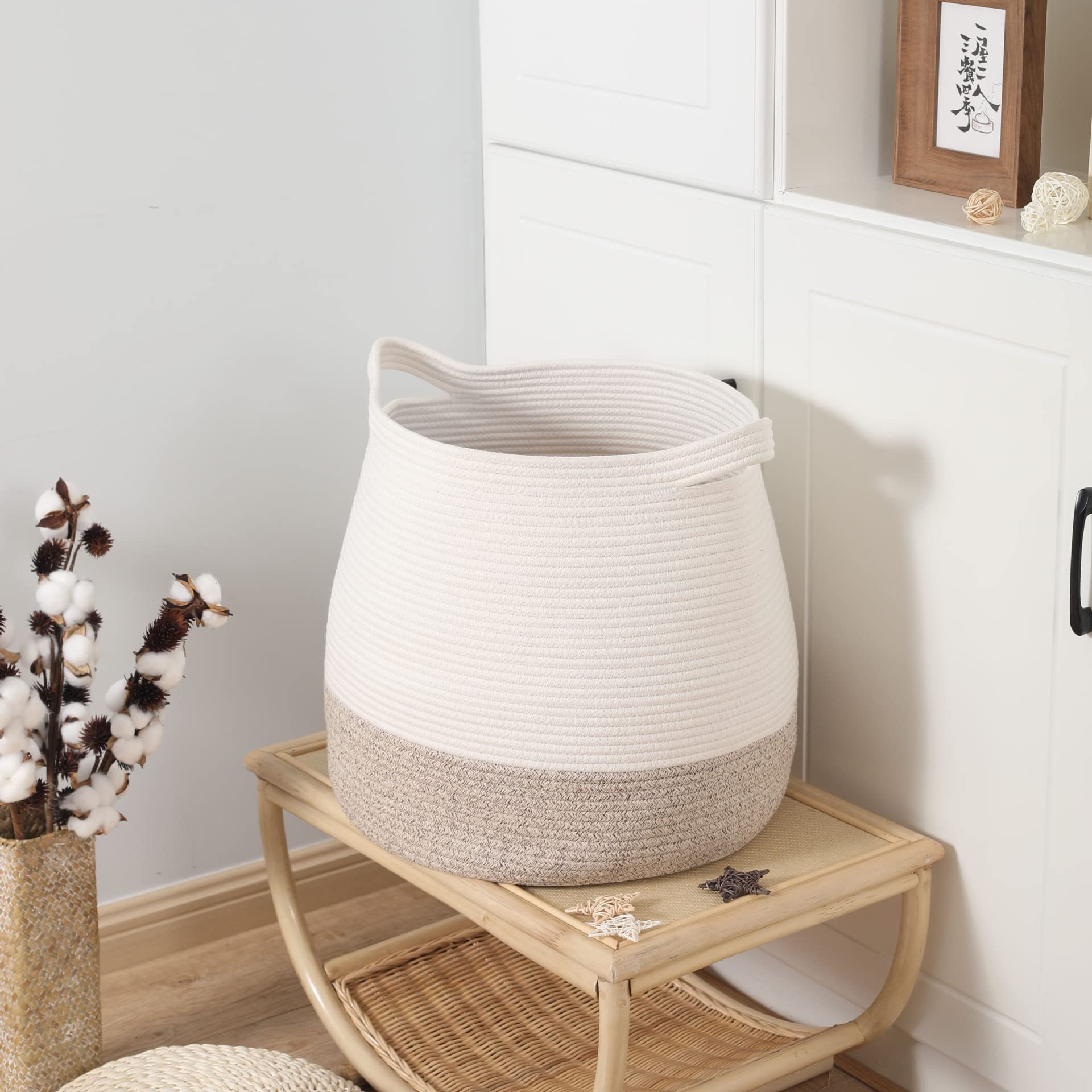 Cesta de almacenamiento Estilo japonés Cuerda de algodón Tejido Ropa sucia Cesta de lavandería Impermeable Portátil Gran capacidad Plegable Caja de almacenamiento de artículos diversos (Blanco marró