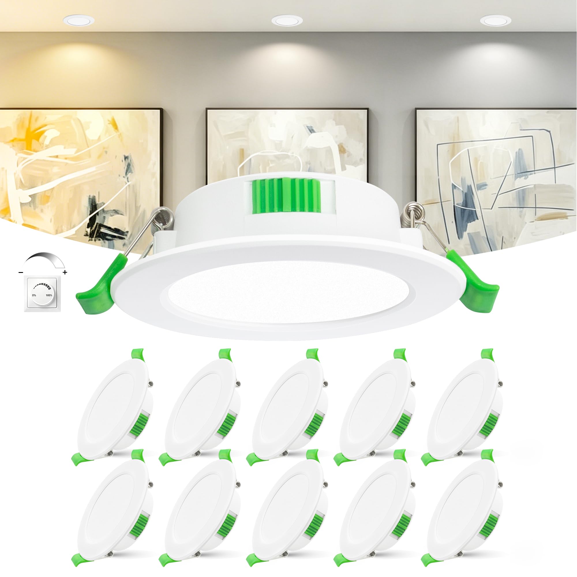 Pack de 10 Focos LED Empotrables Extra Planos 25 mm, 6W Regulables 0-100% con Regulador Externo, 2700K/4000K/6000K, IP44 Downlight LED Baño, CRI90, Corte Ø55-68 mm, 230V, Blanco