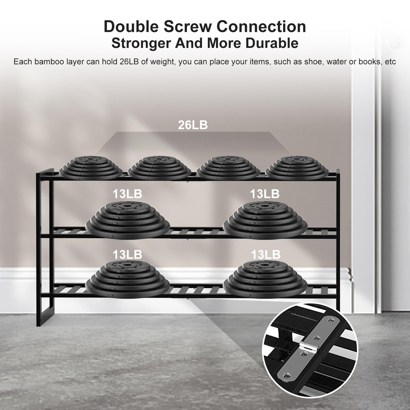 Jripae Bamboo Shoe Rack for Closet, 3Tier Longer Stackable Dampproof