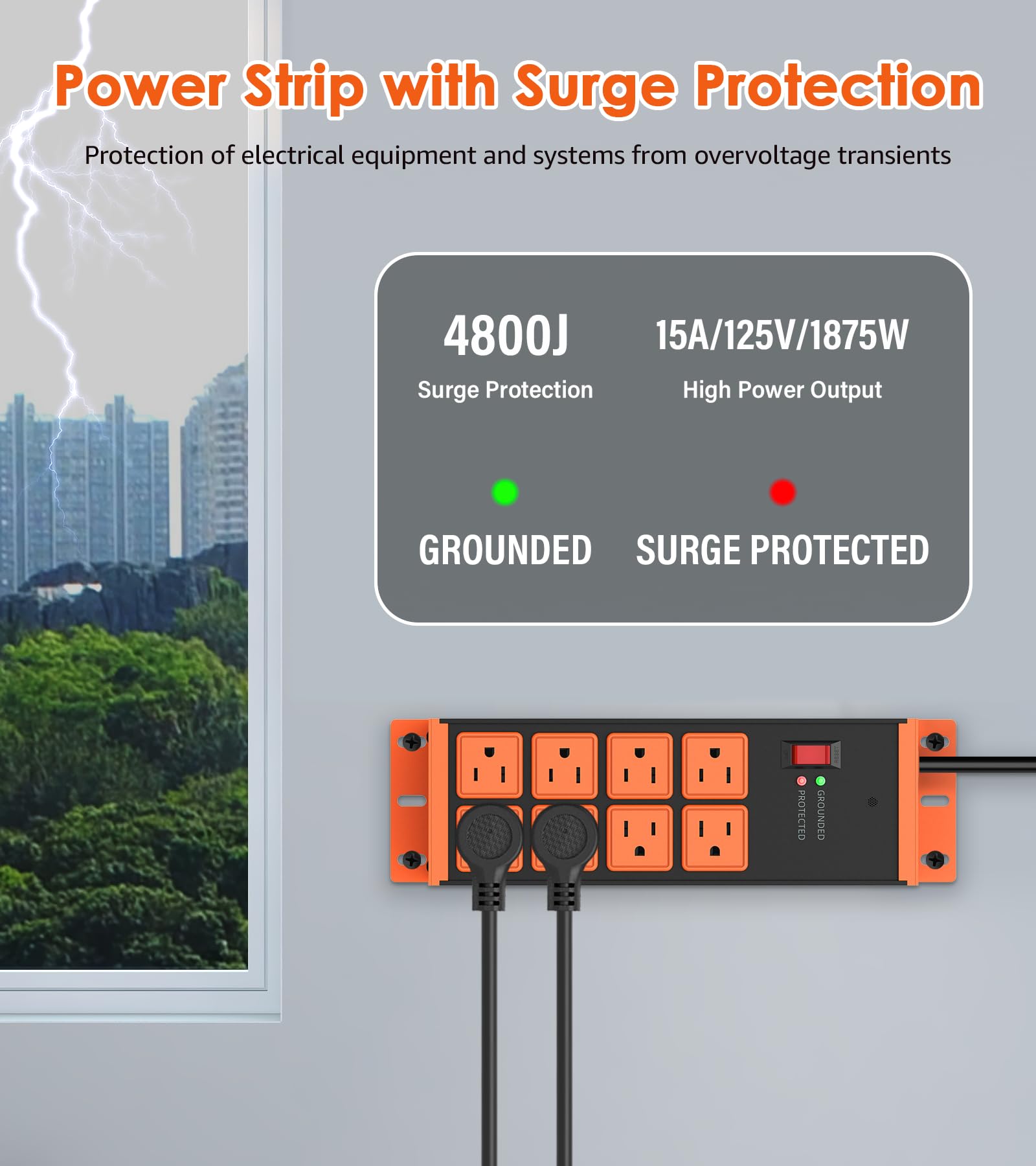 Lot de 2 multiprises robustes à 8 prises, protection contre les surtensions 4800J, multiprise industrielle en métal de 15 A, rallonge de 1,8 m, homologuée ETL