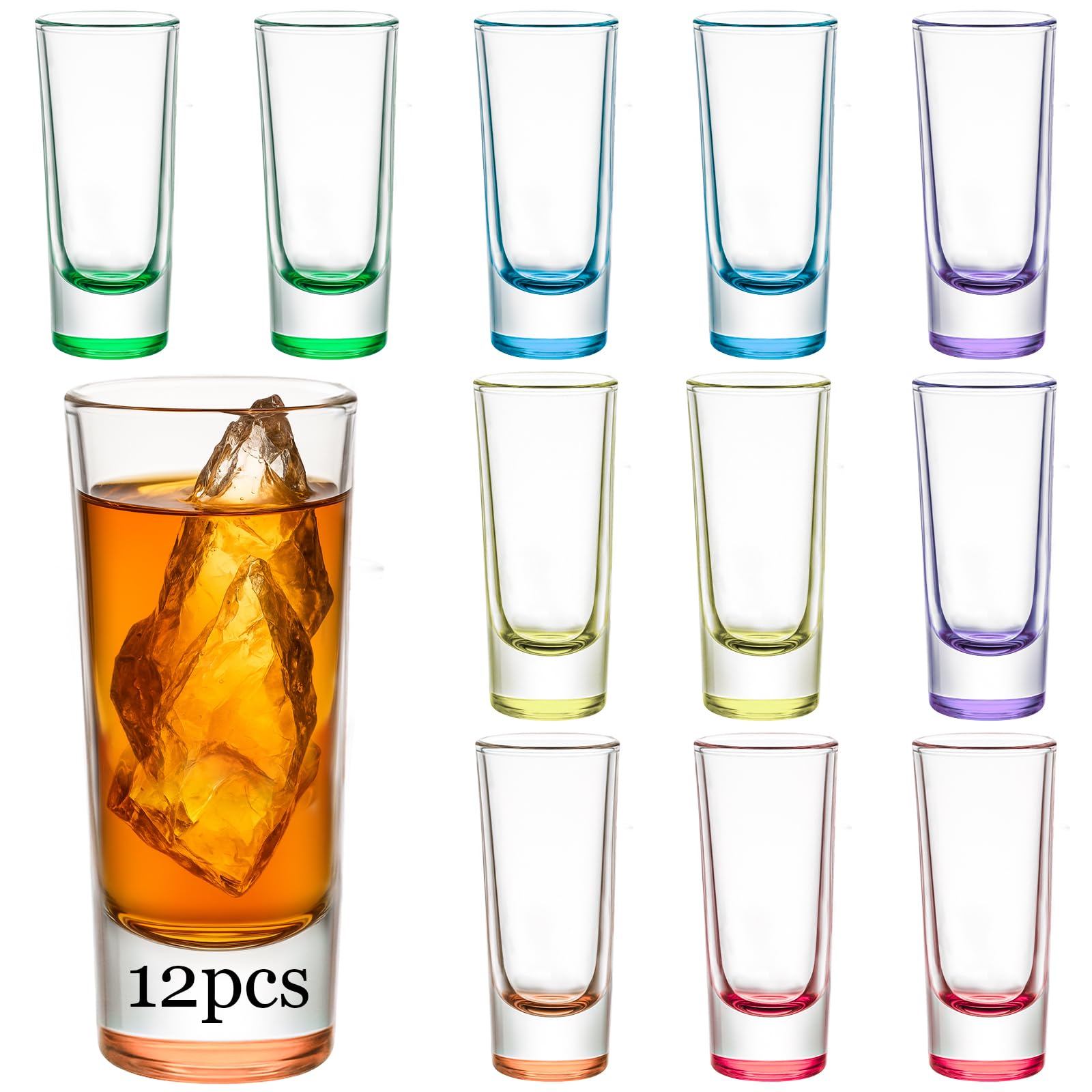 Ruckae 12 Pack 2 OZ Shot Glasses Set Gradient Colorful Shot Glasses Bulk with Heavy Base Bar Cylinder Glass Shot Cups for Vodka Tequila Whiskey Liquor Cocktail