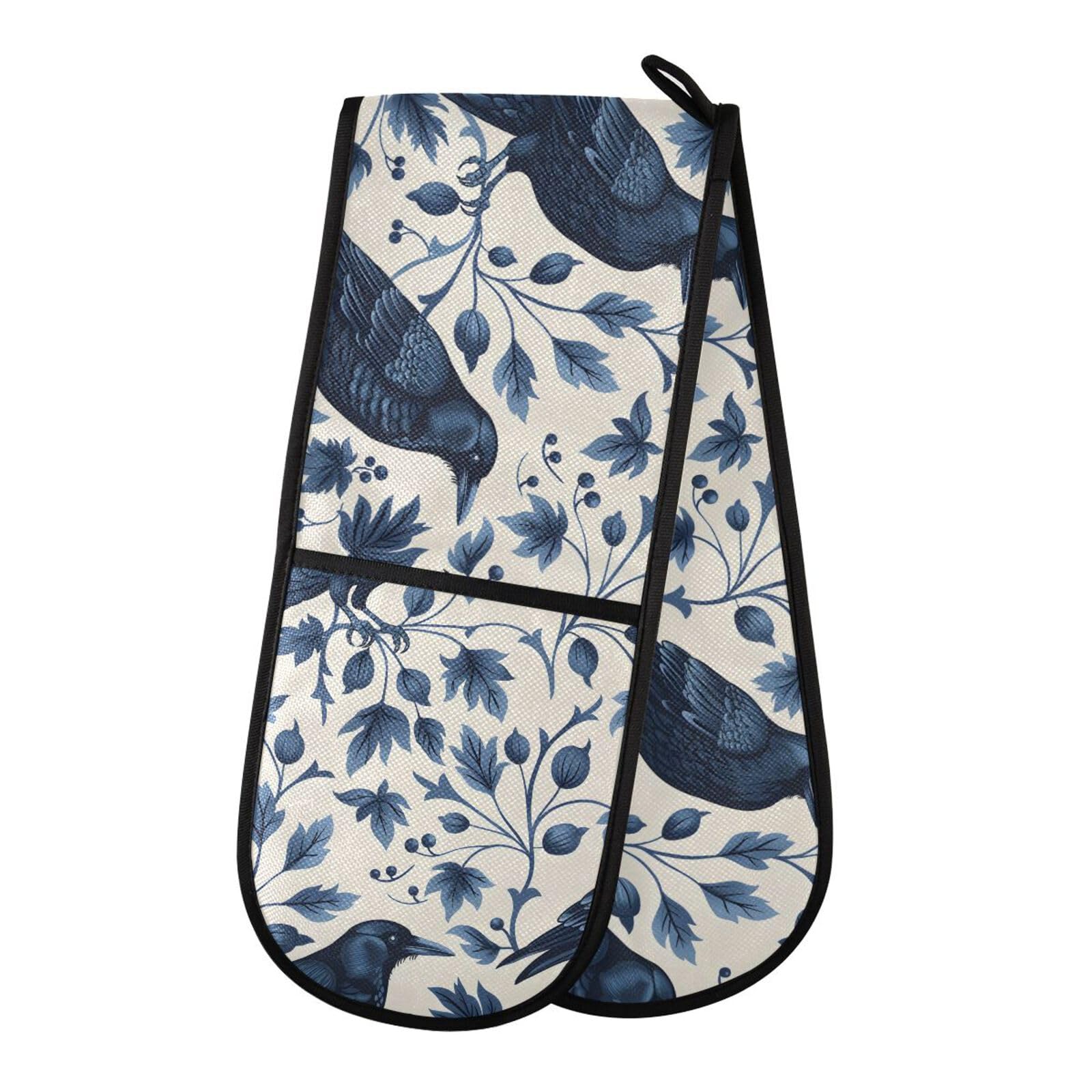 Oven Gloves Double Oven Gloves Royal Crow Pattern Oven Mitts Pot Holder Heat Resistant Quilted for BBQ Baking Kitchen Cooking Gloves — image 1