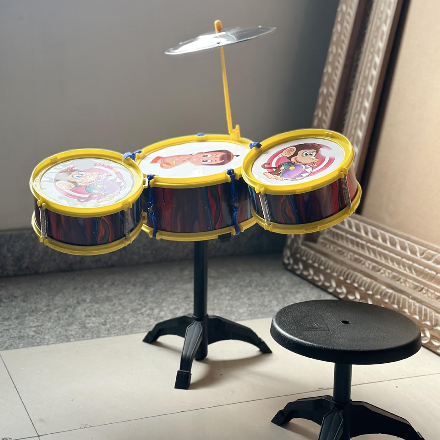 Prime 3Pcs Kids/Junior Drumer Set for Beginners Musical Toy Instrument with 3 Drums, 1 Dish, 1 Stool and Sticks| Musical Toys for Toddlers 3-6Years (Drum Set for Kids)-image-47