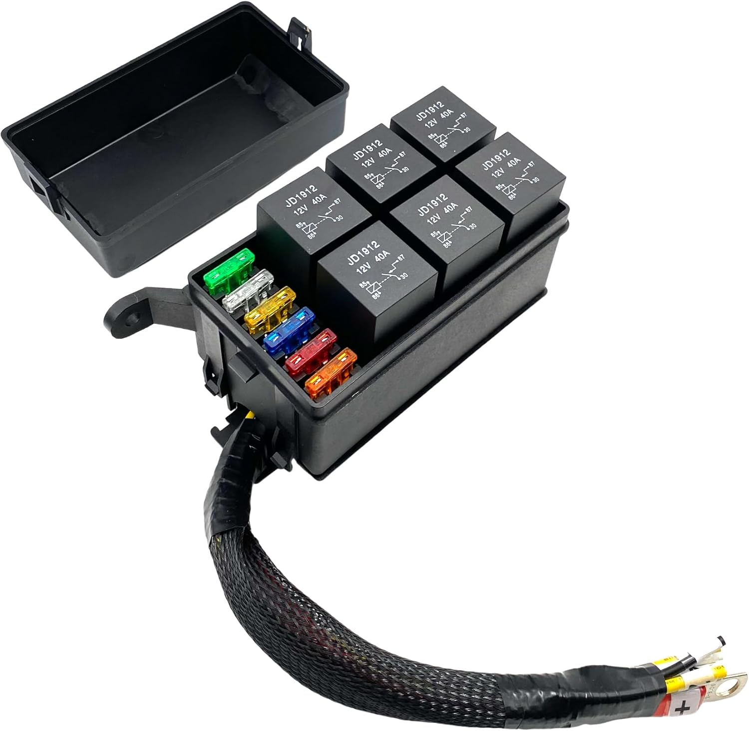 12V Pre-Wired 6 Way Relay Box,6 Slot Fuse Box with 40A/12v 4 Pin Relays and 5/10/15/20/25/30A Fuse for Car Marine Boat Automotive and Trucks Projects