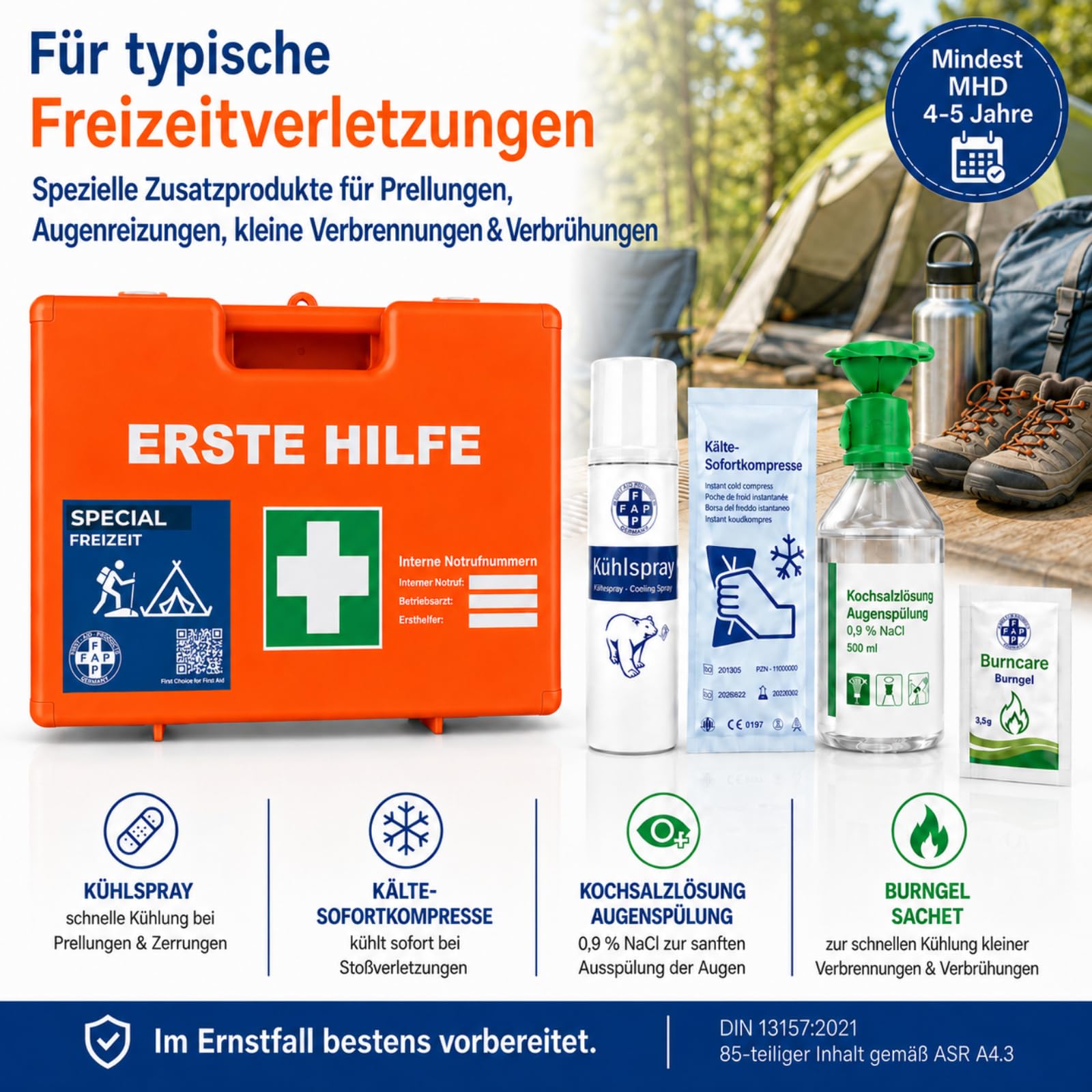 FAP Erste-Hilfe-Koffer Freizeit DIN 13157 gefüllt - orange | Burngel & Kühlspray| Wandern Jugendherberge Pfadfinder Ferienlager Verein Outdoor Camp, Betriebsverbandkasten Wandhalterung -33×42×15 cm